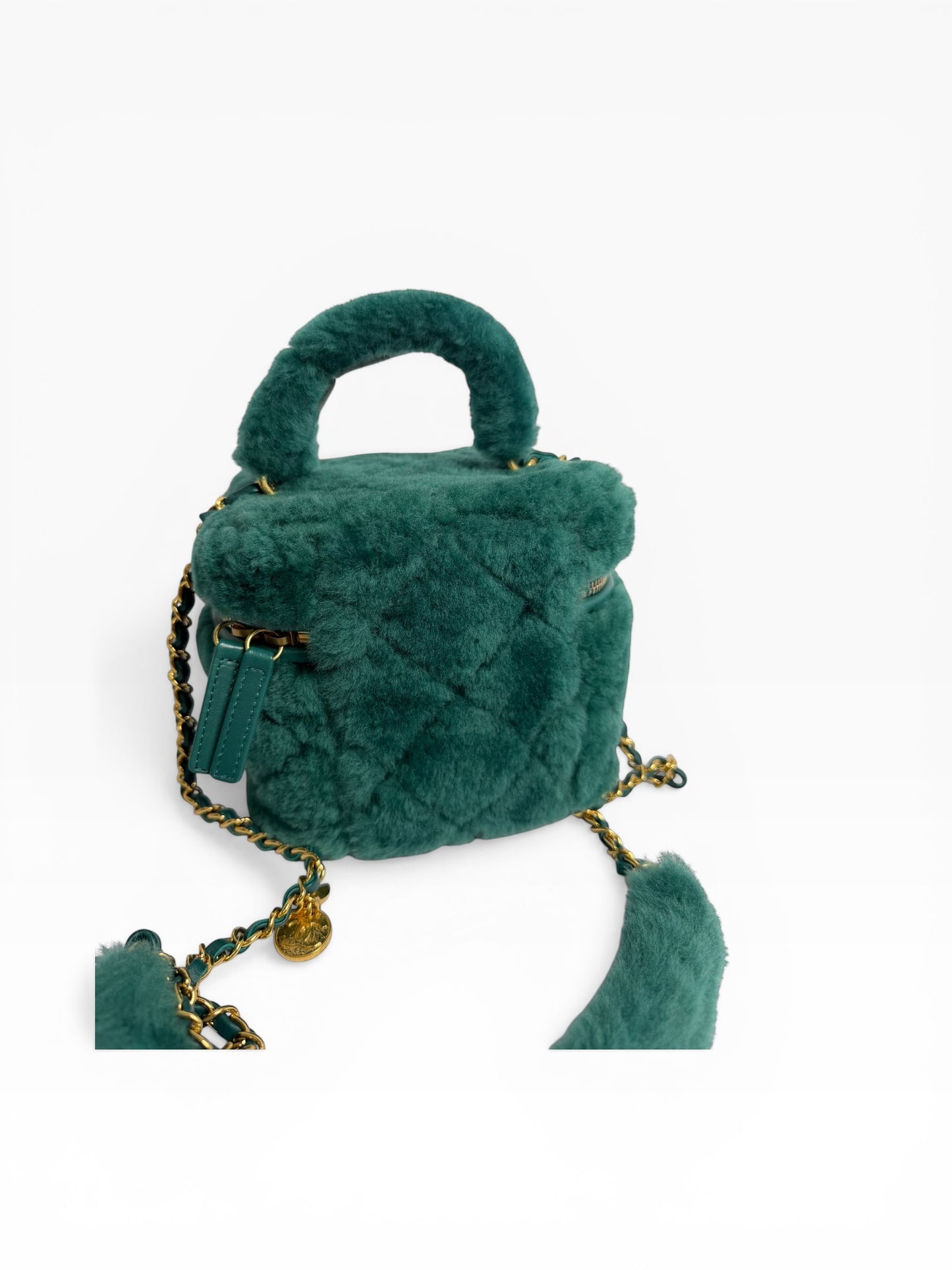 Chanel fur shearling top handle green