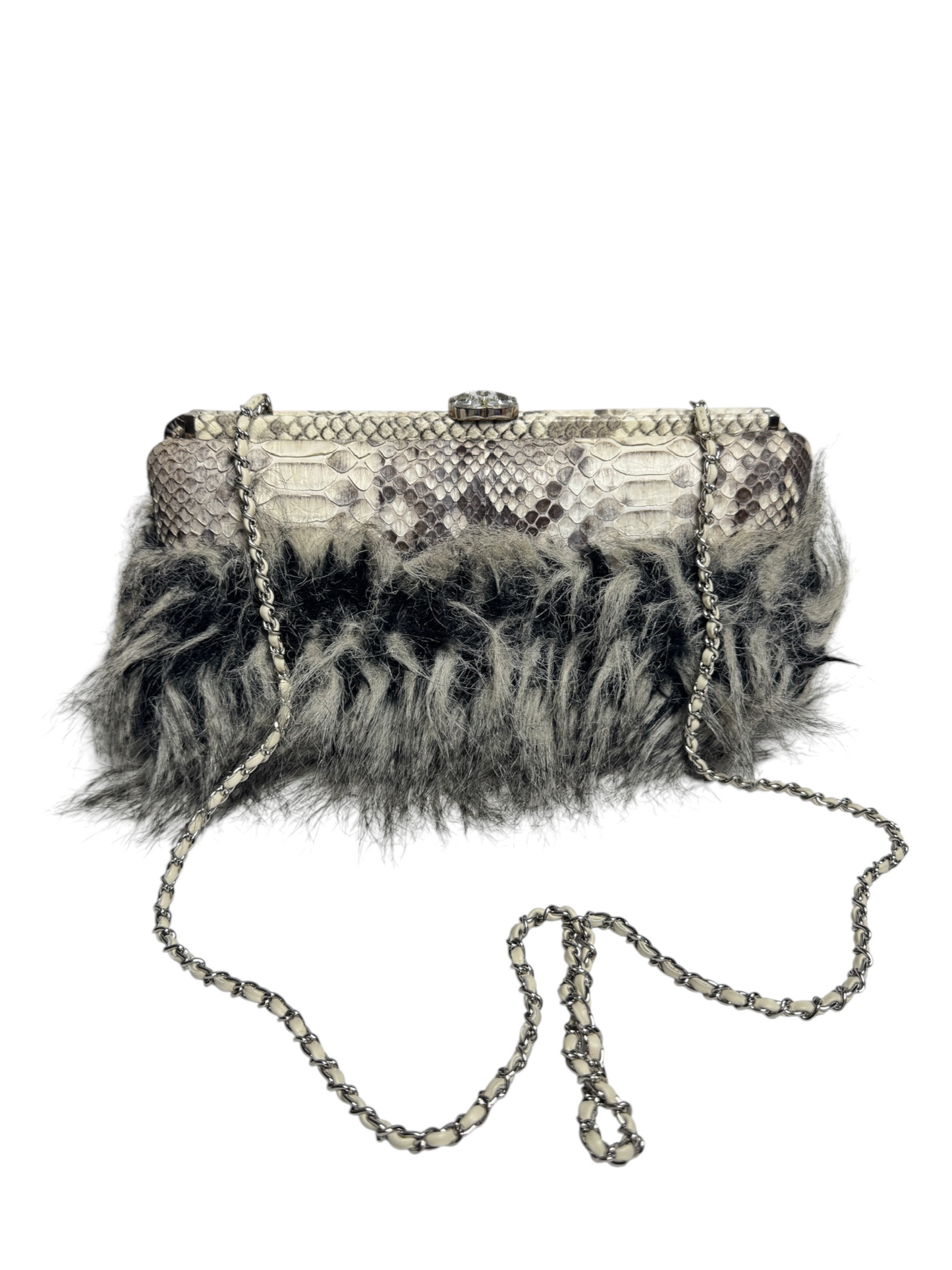 Chanel Python And Fur Kisslock Clutch With Chain T8332
