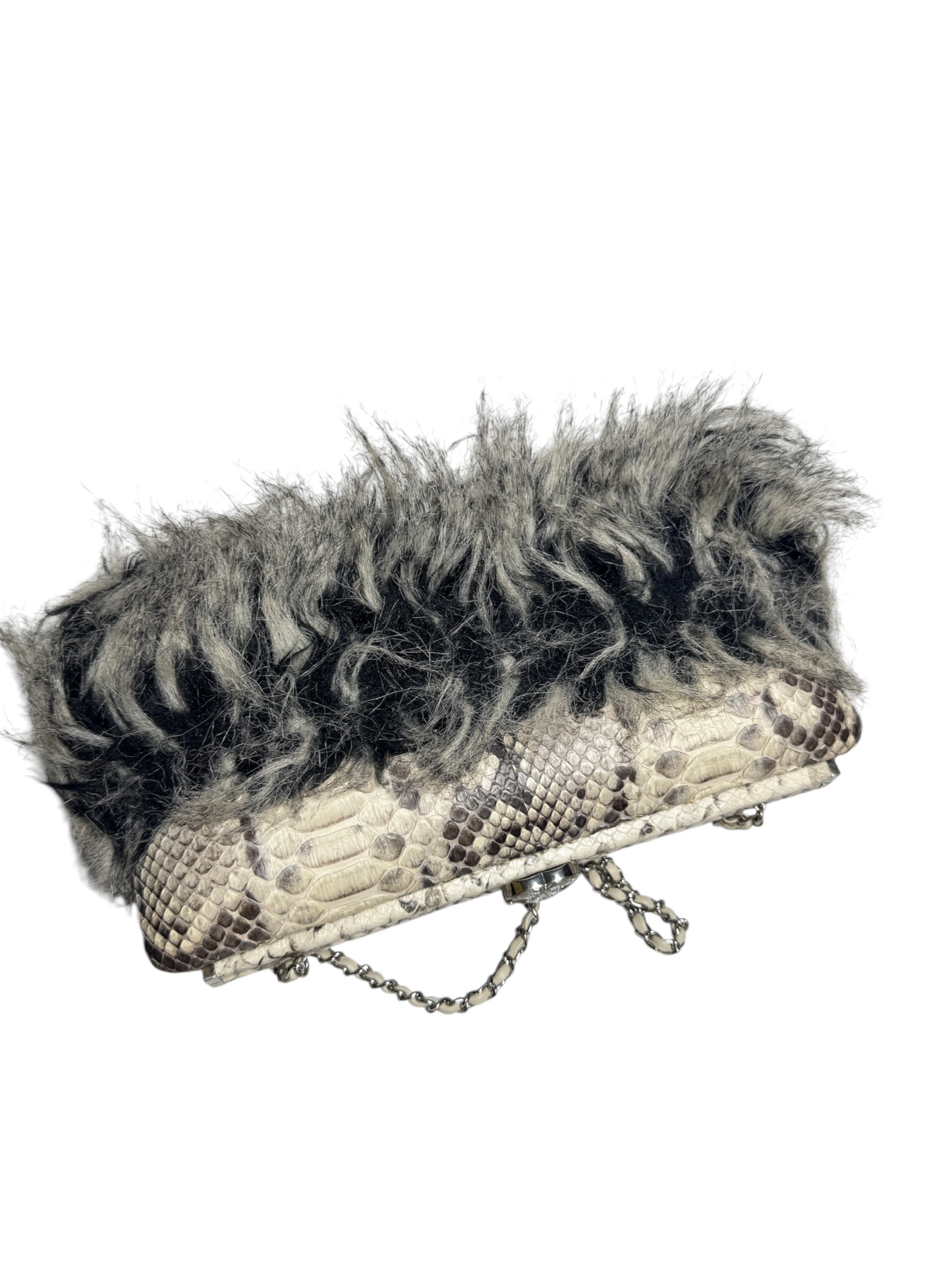 Chanel Python And Fur Kisslock Clutch With Chain T8332