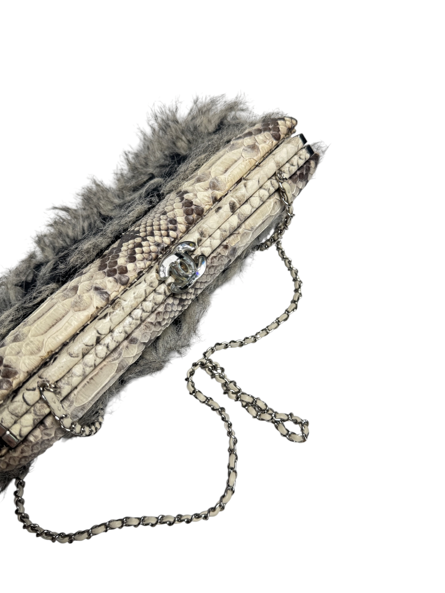 Chanel Python And Fur Kisslock Clutch With Chain T8332
