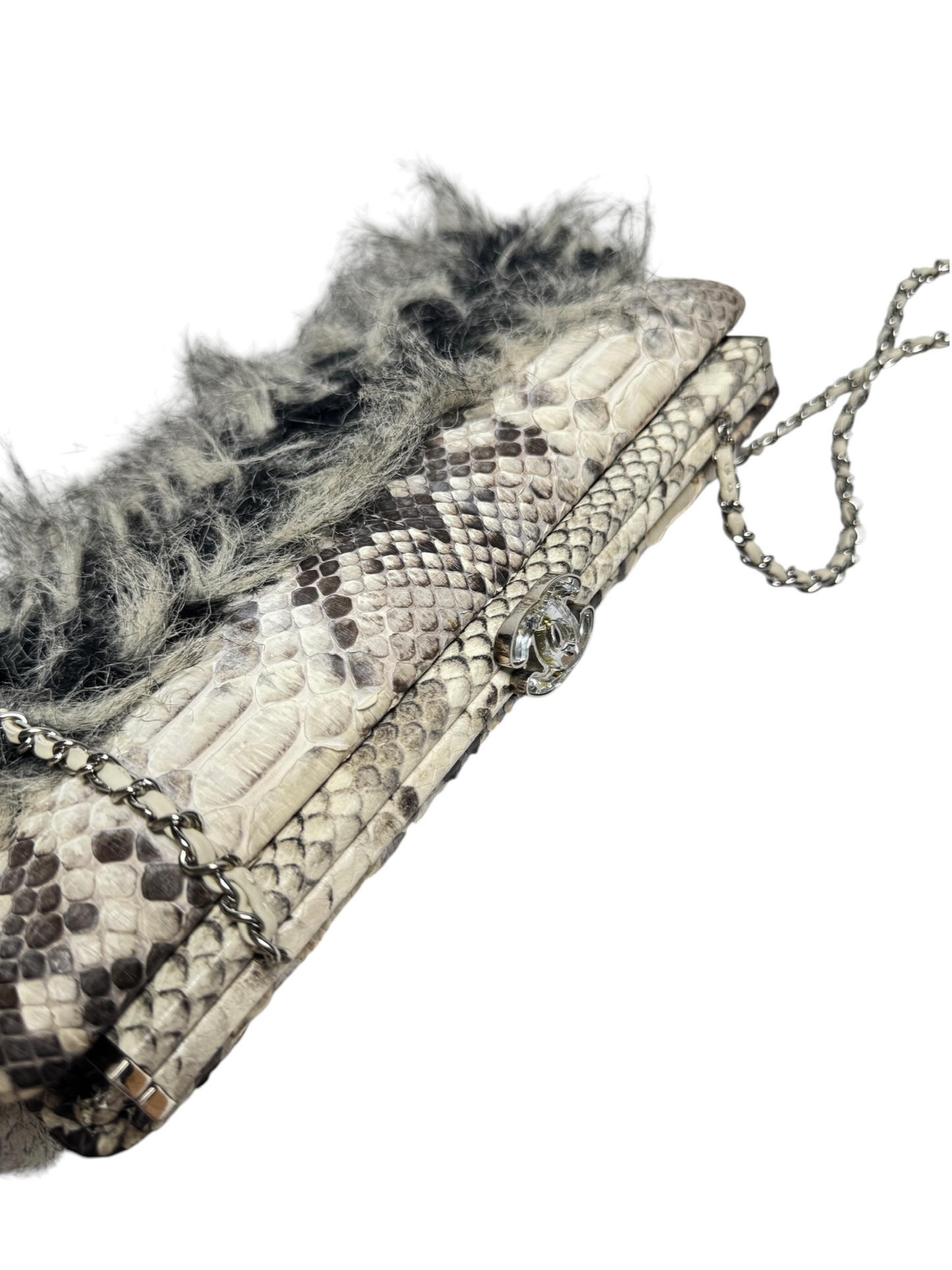 Chanel Python And Fur Kisslock Clutch With Chain T8332