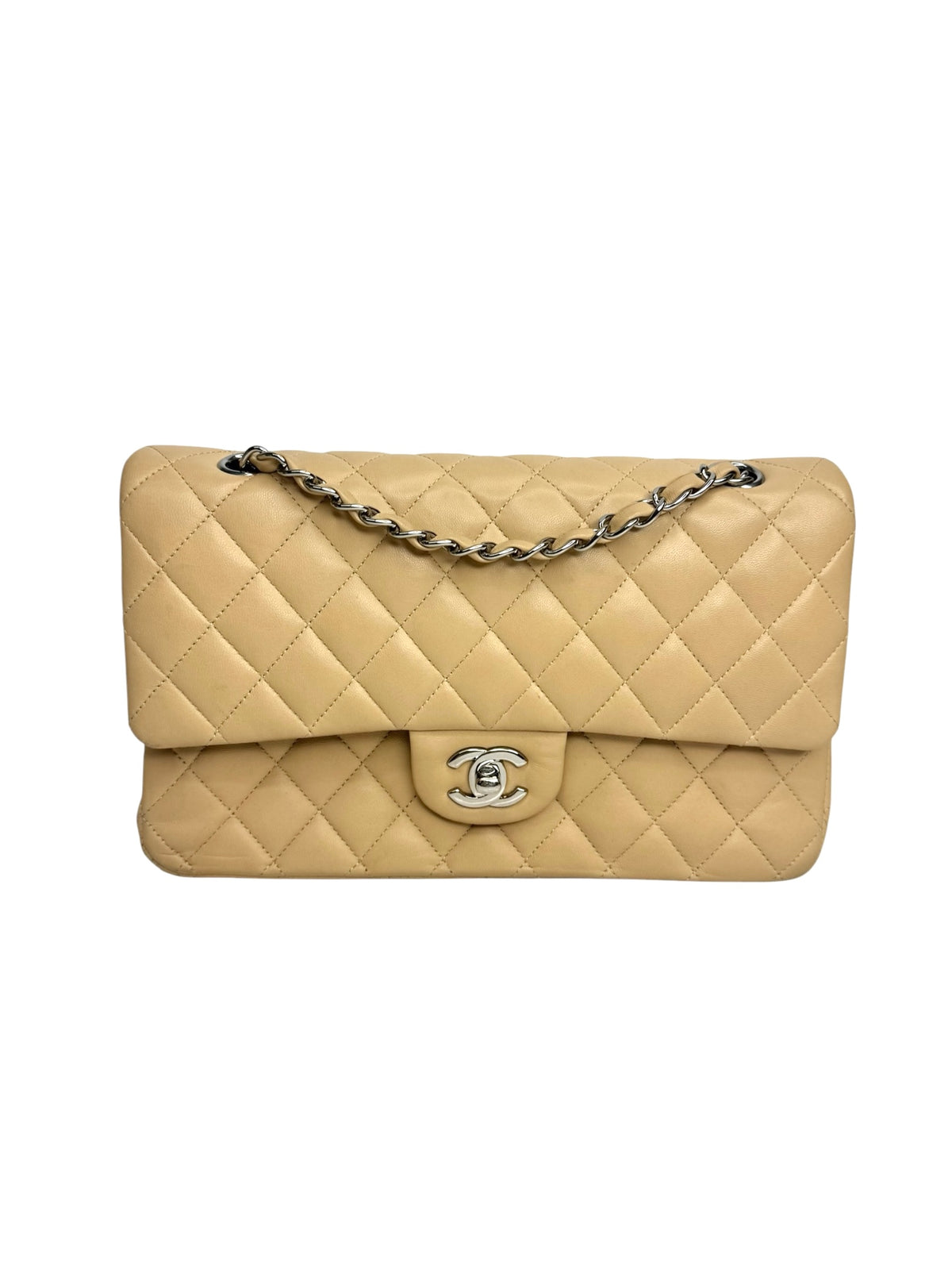 Chanel Medium Double Classic Flap Beige Lambskin SHW T9324
