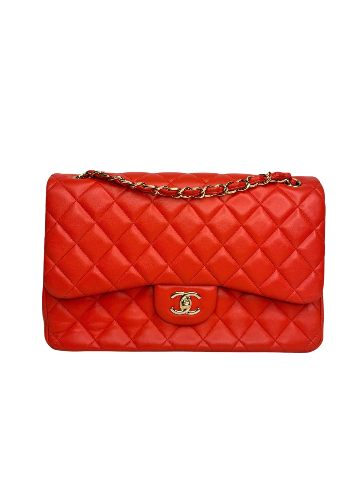 Chanel Red Lambskin Jumbo Double Flap GHW T9323