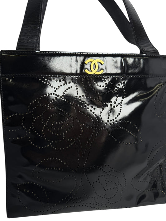 Chanel Black Patent Camelia Tote