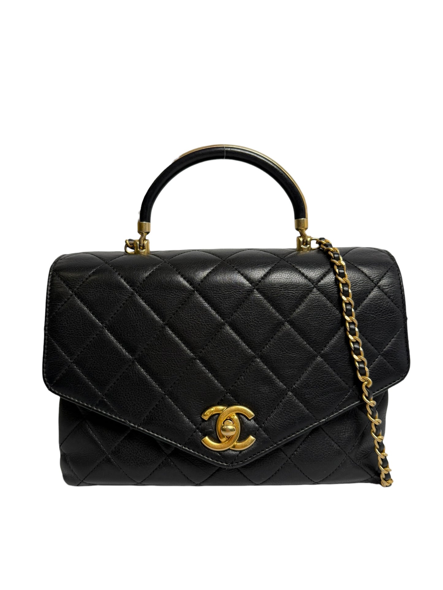 Chanel Black Top Handle Metal Bar Flap