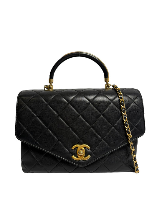 Chanel Black Top Handle Metal Bar Flap