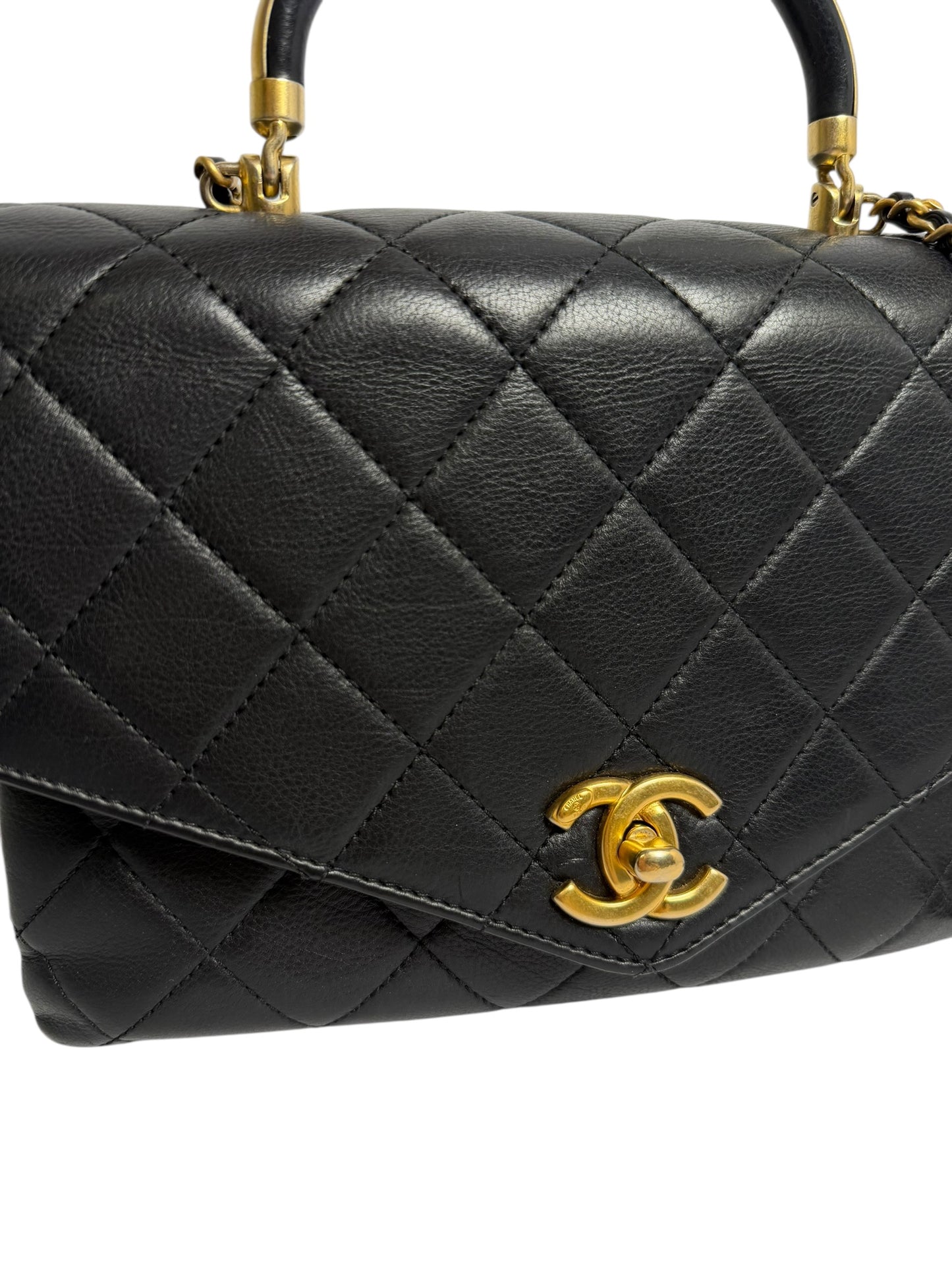 Chanel Black Top Handle Metal Bar Flap