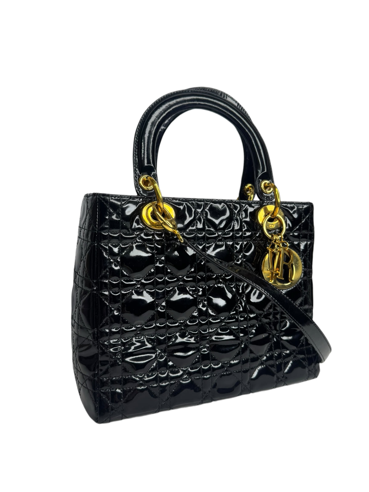 Dior Black Patent Medium Lady Dior GHW T9340