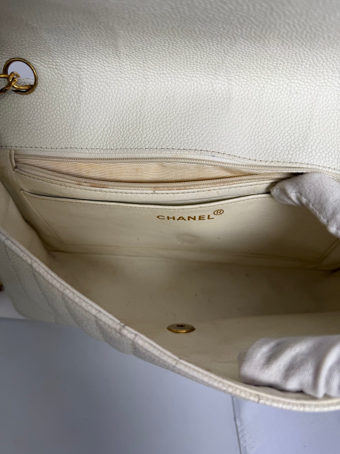 Chanel vertical caviar medium white