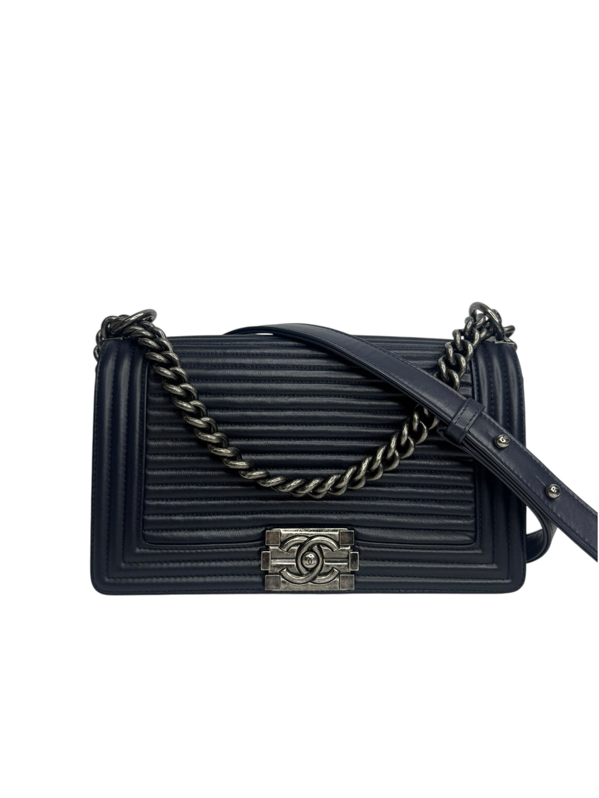 Chanel Navy Striped Medium Boy Bag T9400