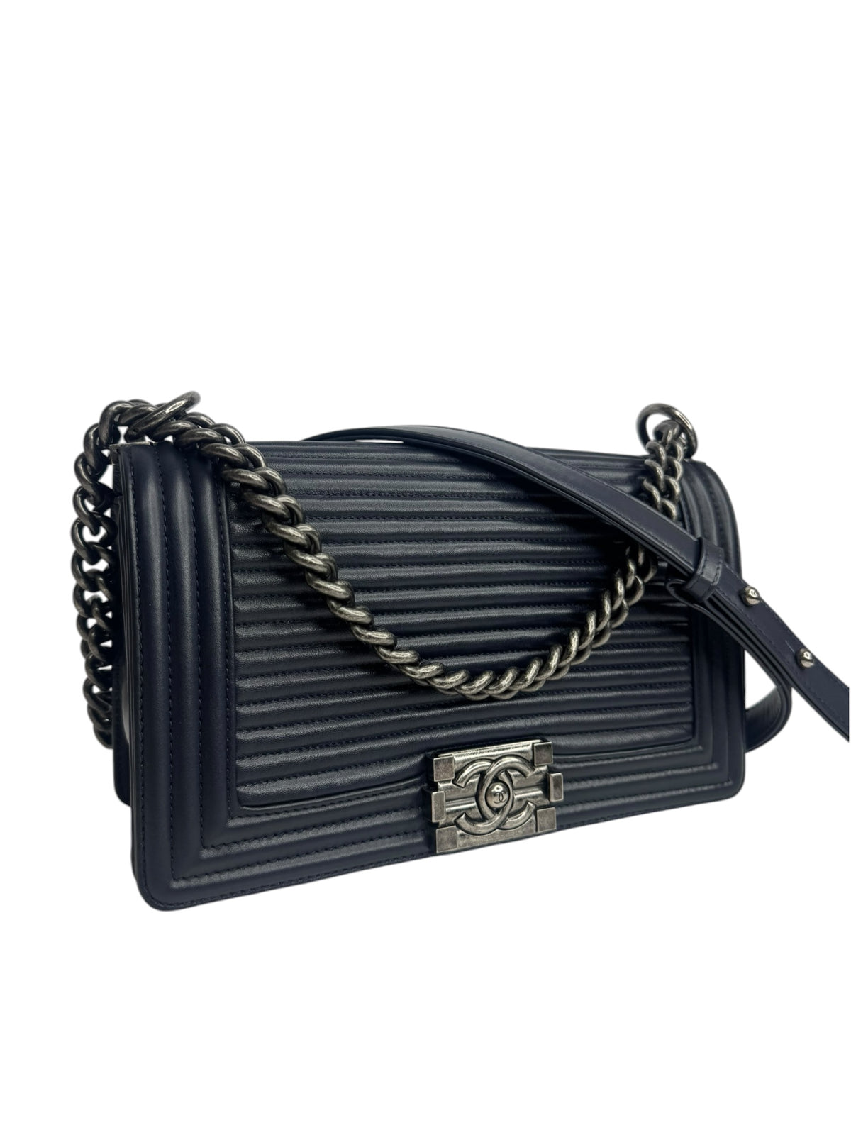 Chanel Navy Striped Medium Boy Bag T9400