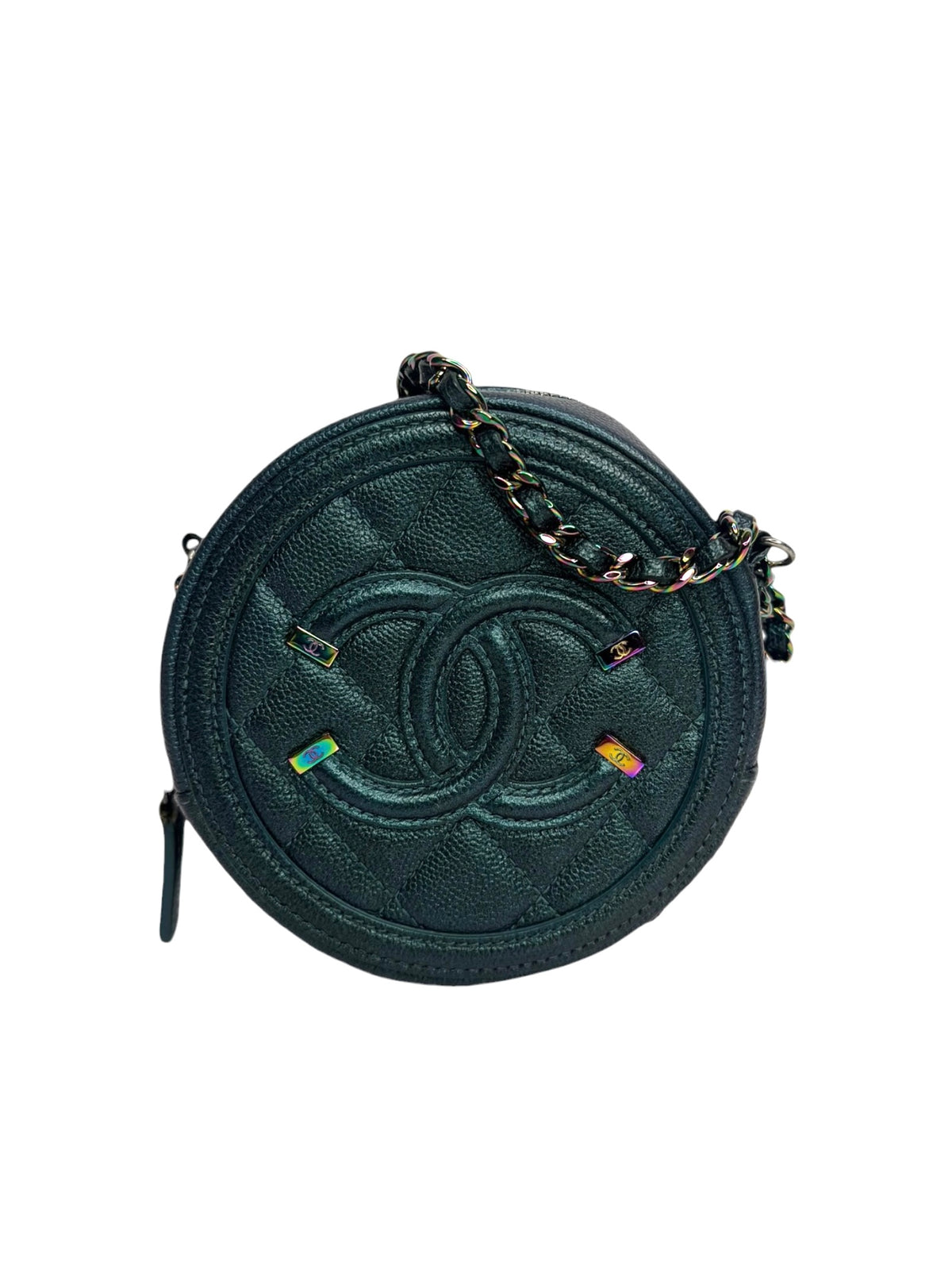 Chanel Green Iridescent Caviar Round Filigree Crossbody T9394