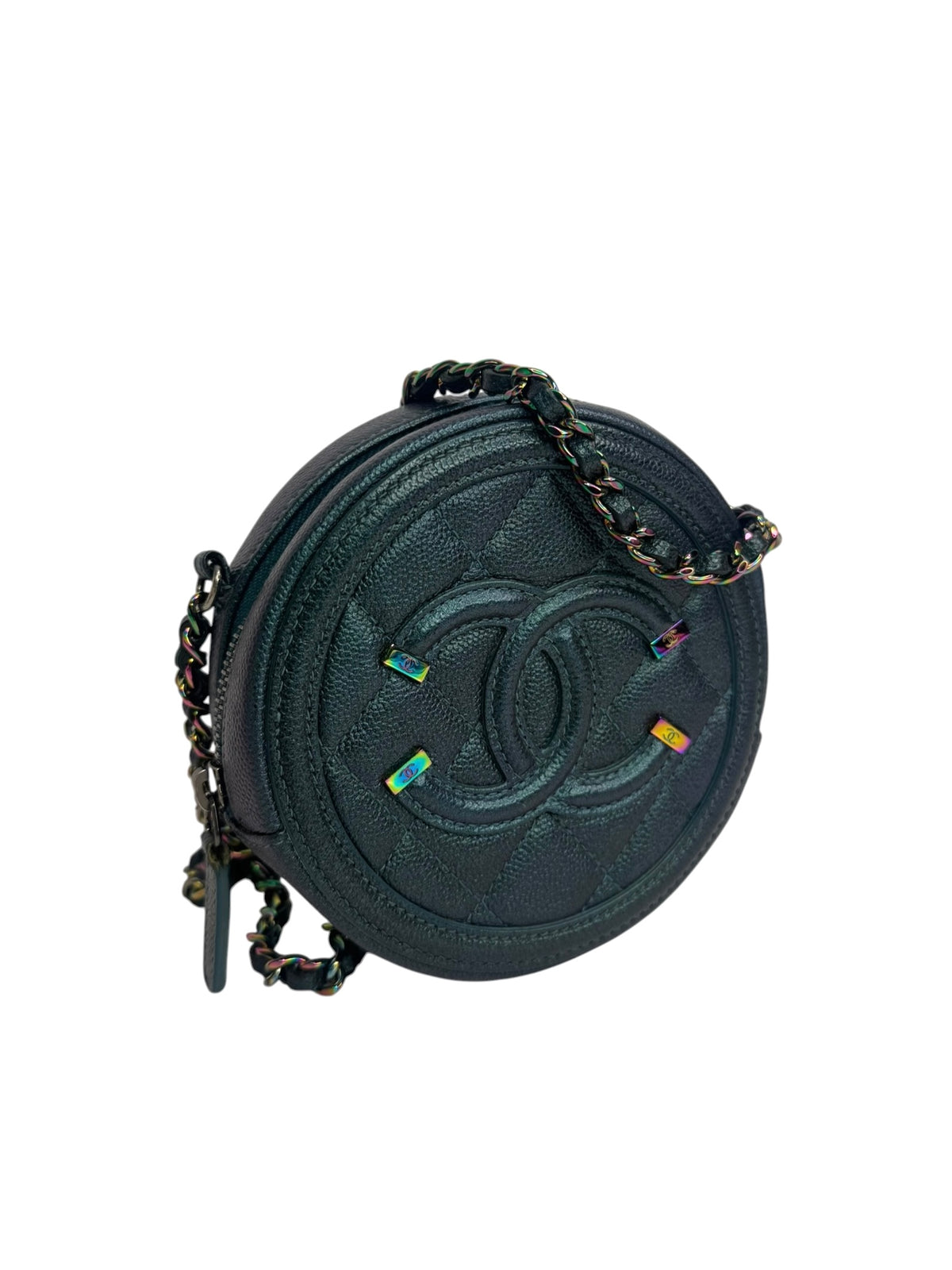 Chanel Green Iridescent Caviar Round Filigree Crossbody T9394