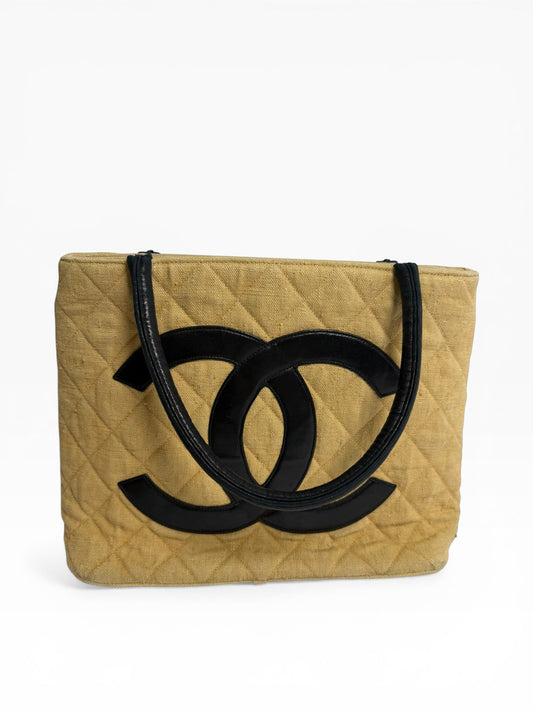 Chanel Beige and Black Canvas Tote