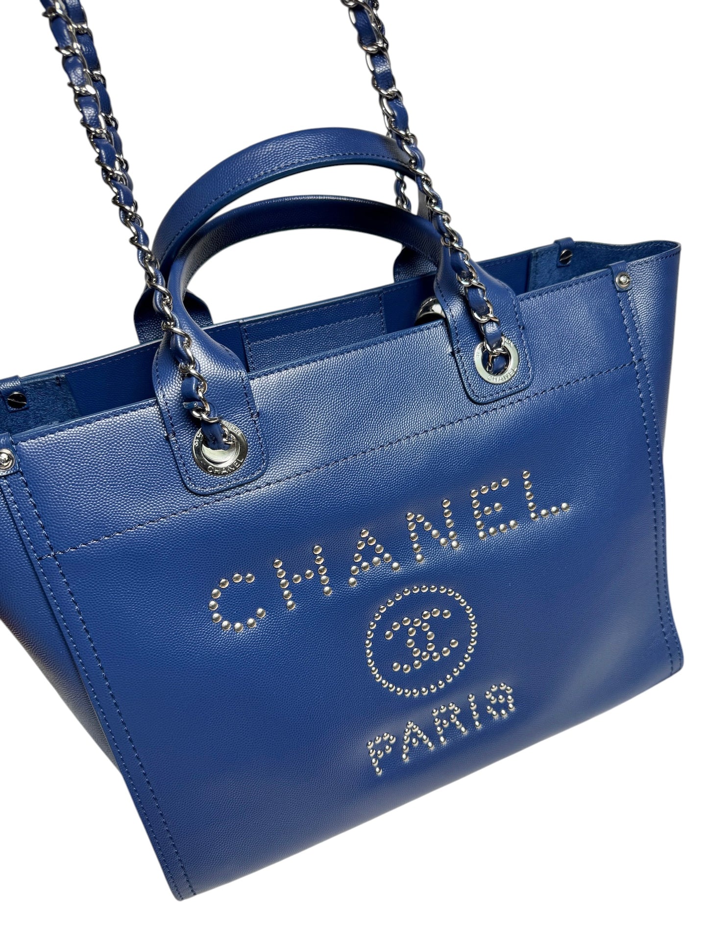 Chanel Medium Blue Caviar Studded Deauville Tote T8414