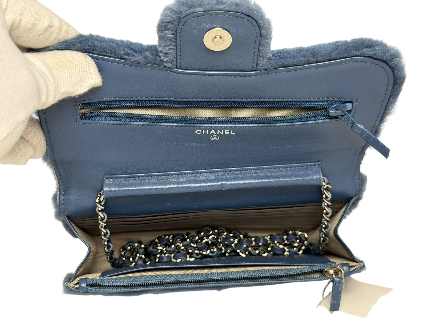 Chanel Blue Rabbit Fur Wallet On Chain T1011