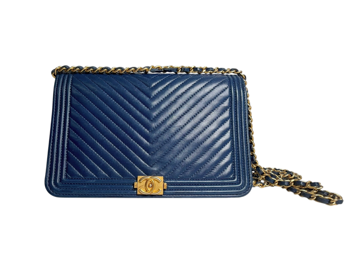 Chanel Blue Chevron Boy Wallet On Chain T7425
