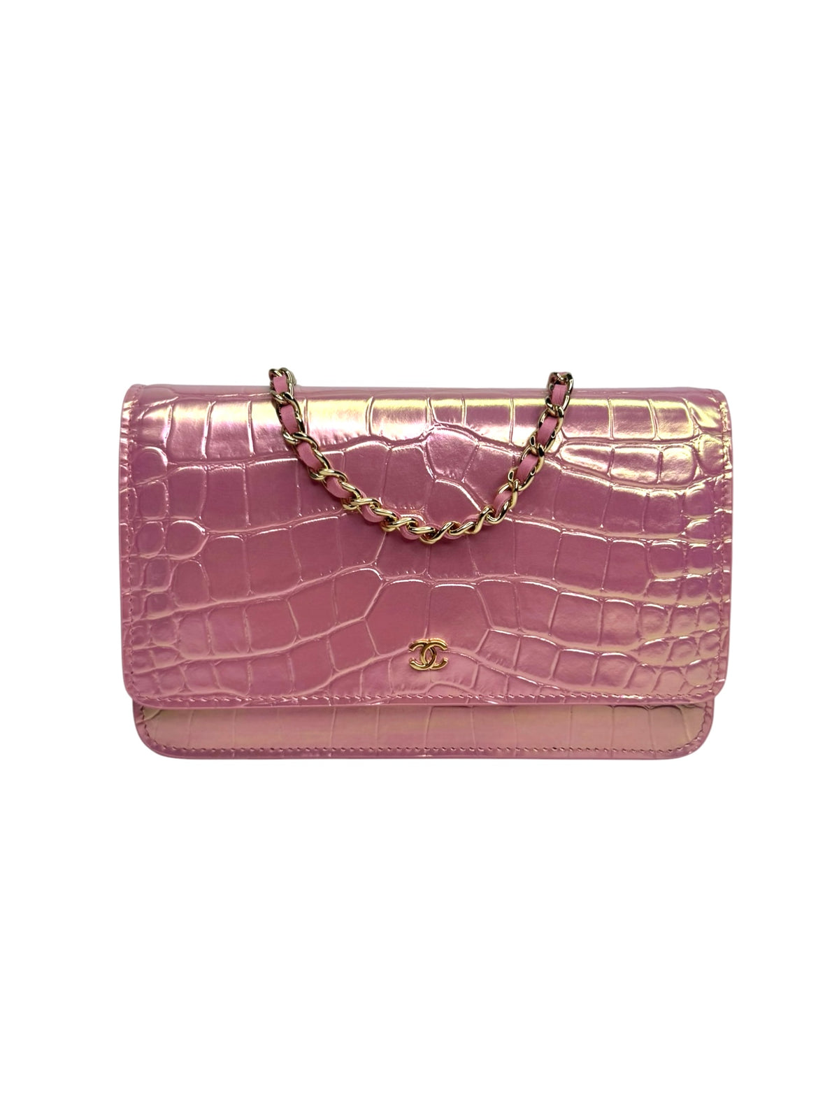 Chanel Crocodile Embossed Iridescent Pink Wallet on Chain T9445
