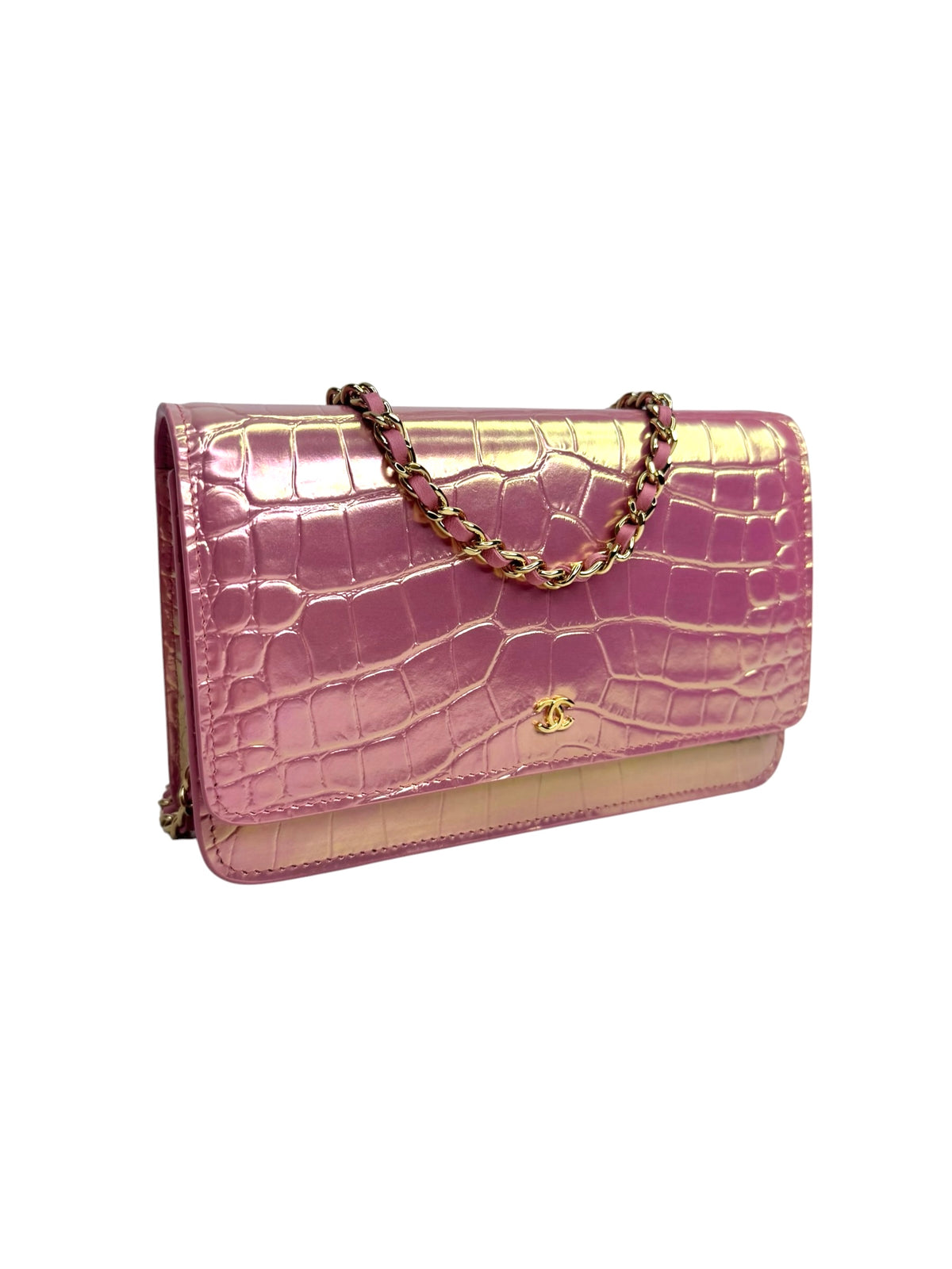 Chanel Crocodile Embossed Iridescent Pink Wallet on Chain T9445