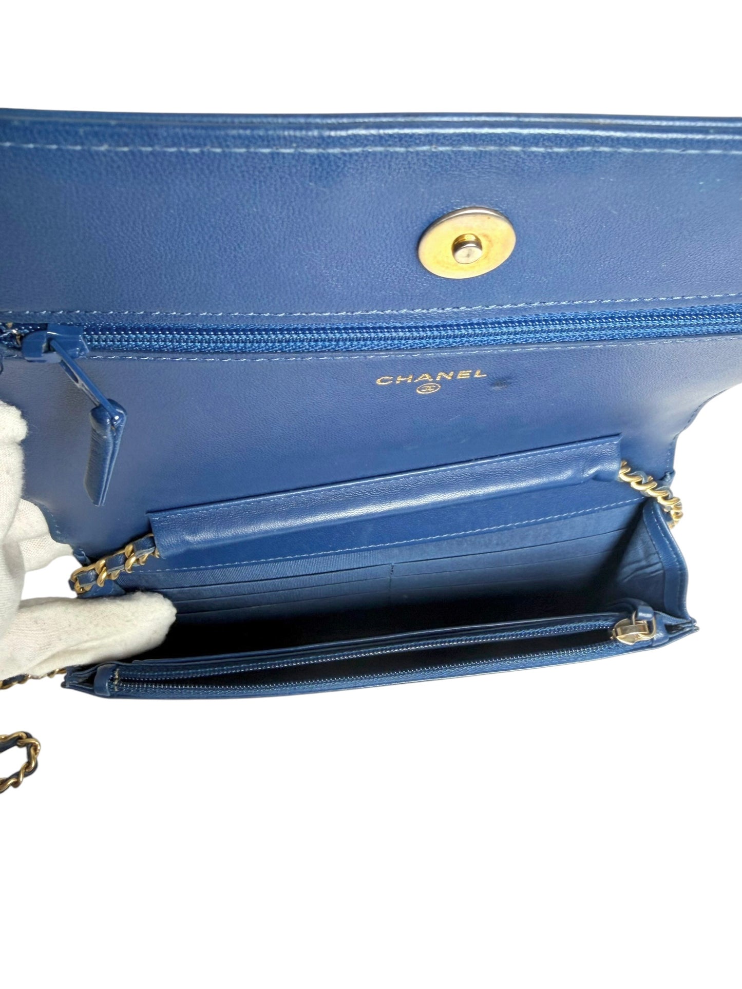 Chanel Blue Chevron Boy Wallet On Chain T7425