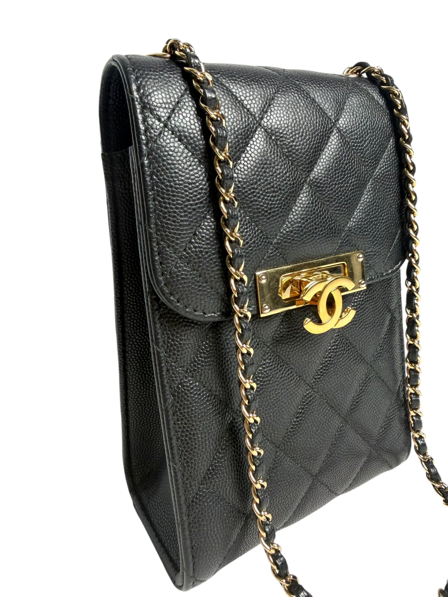 Chanel Black Caviar Phone Holder Crossbody GHW T8141