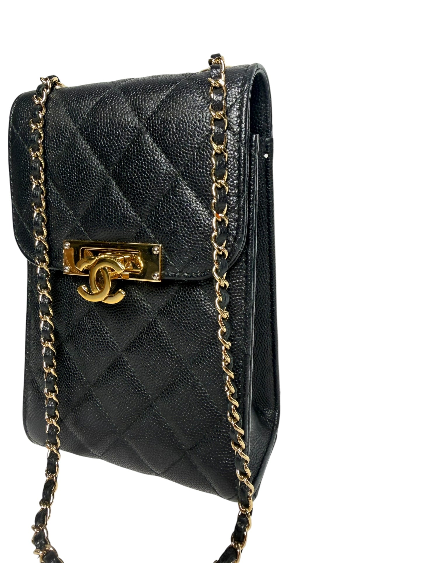 Chanel Black Caviar Phone Holder Crossbody GHW T8141