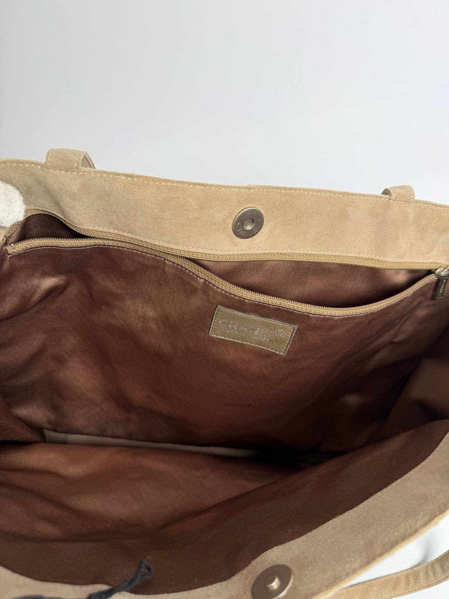 Chanel suede patchwork tote beige