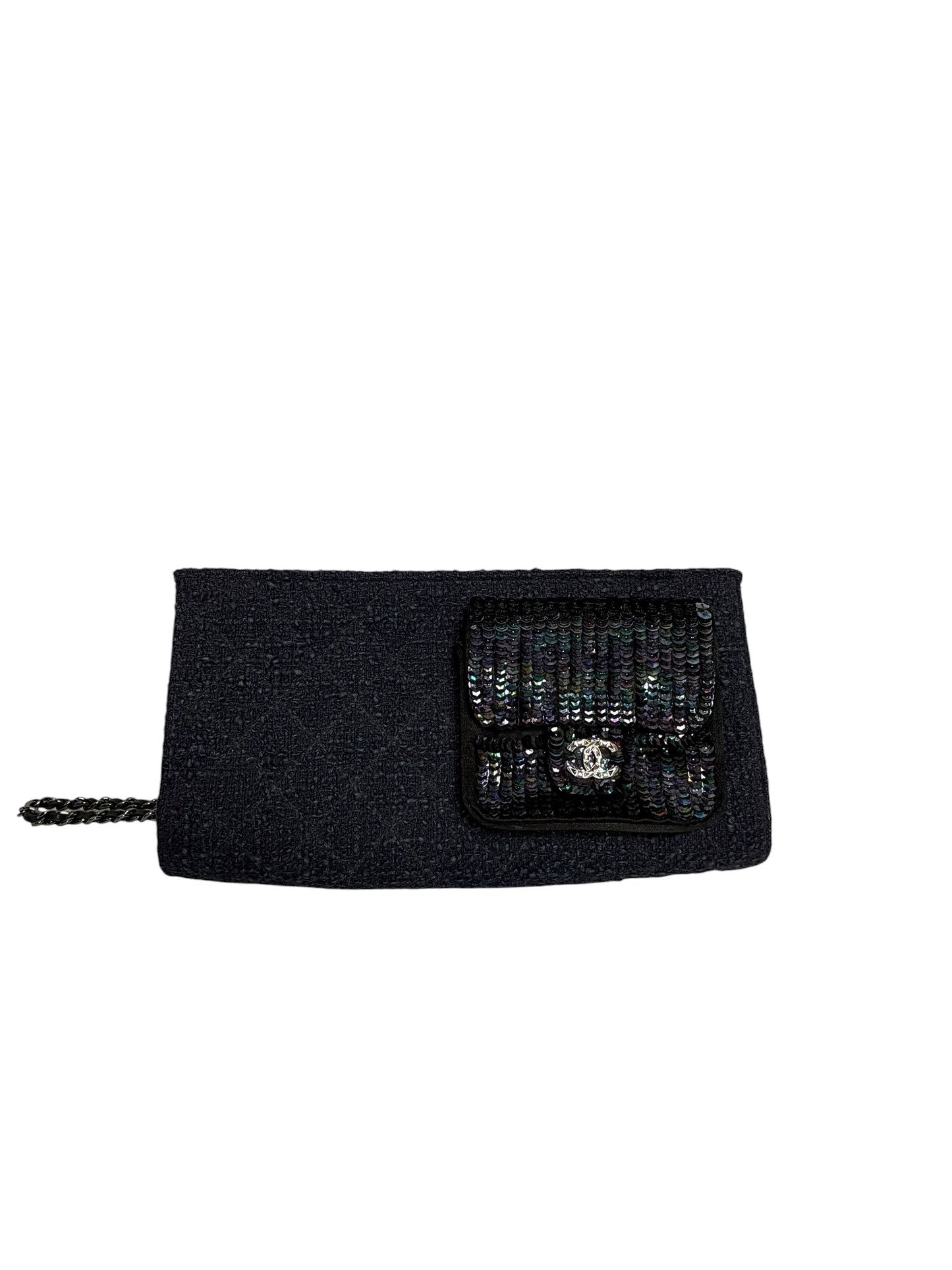 Chanel Navy Tweed And Sequin Wristlet Clutch T2318