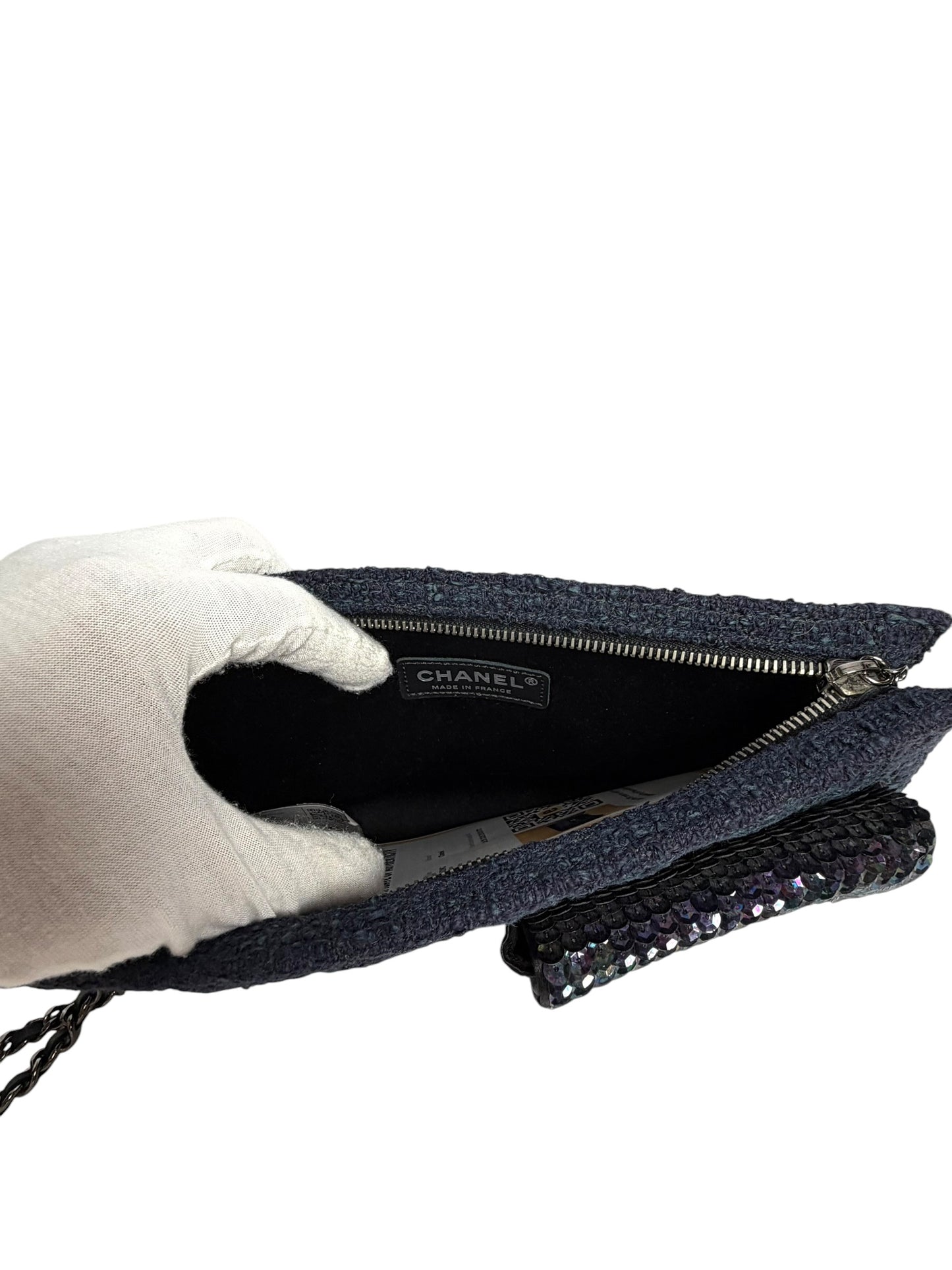 Chanel Navy Tweed And Sequin Wristlet Clutch T2318