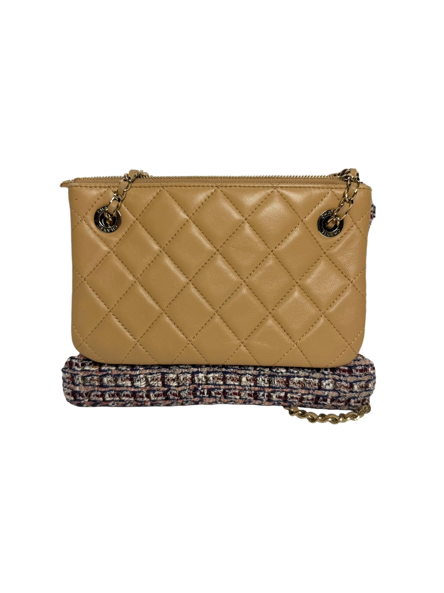 Chanel Tan Lambskin And Tweed Double Pocket Crossbody T4671