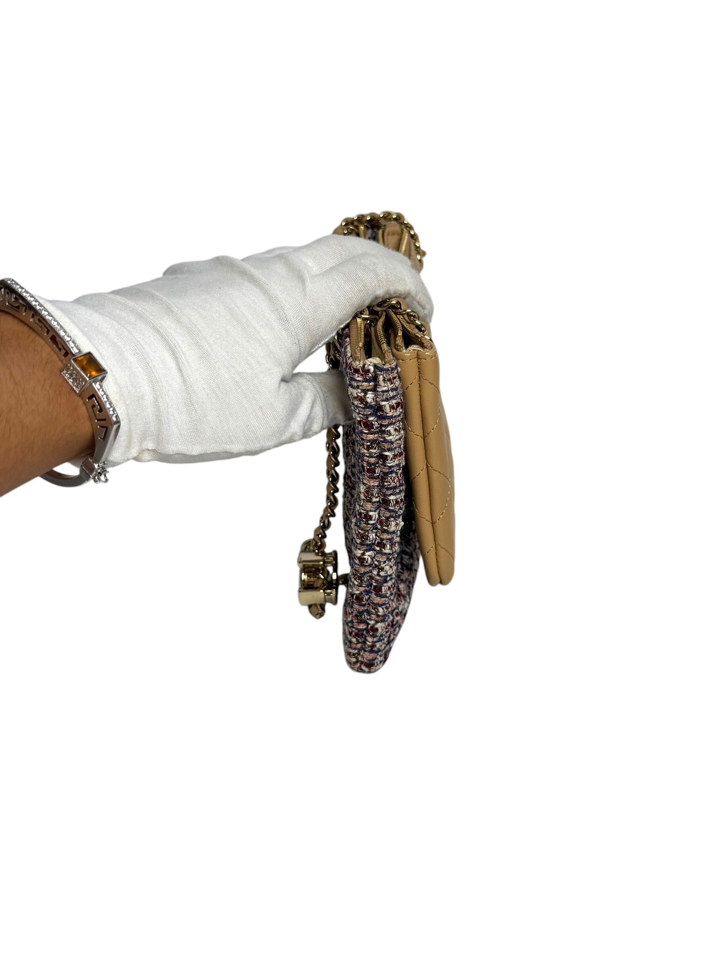 Chanel Tan Lambskin And Tweed Double Pocket Crossbody T4671