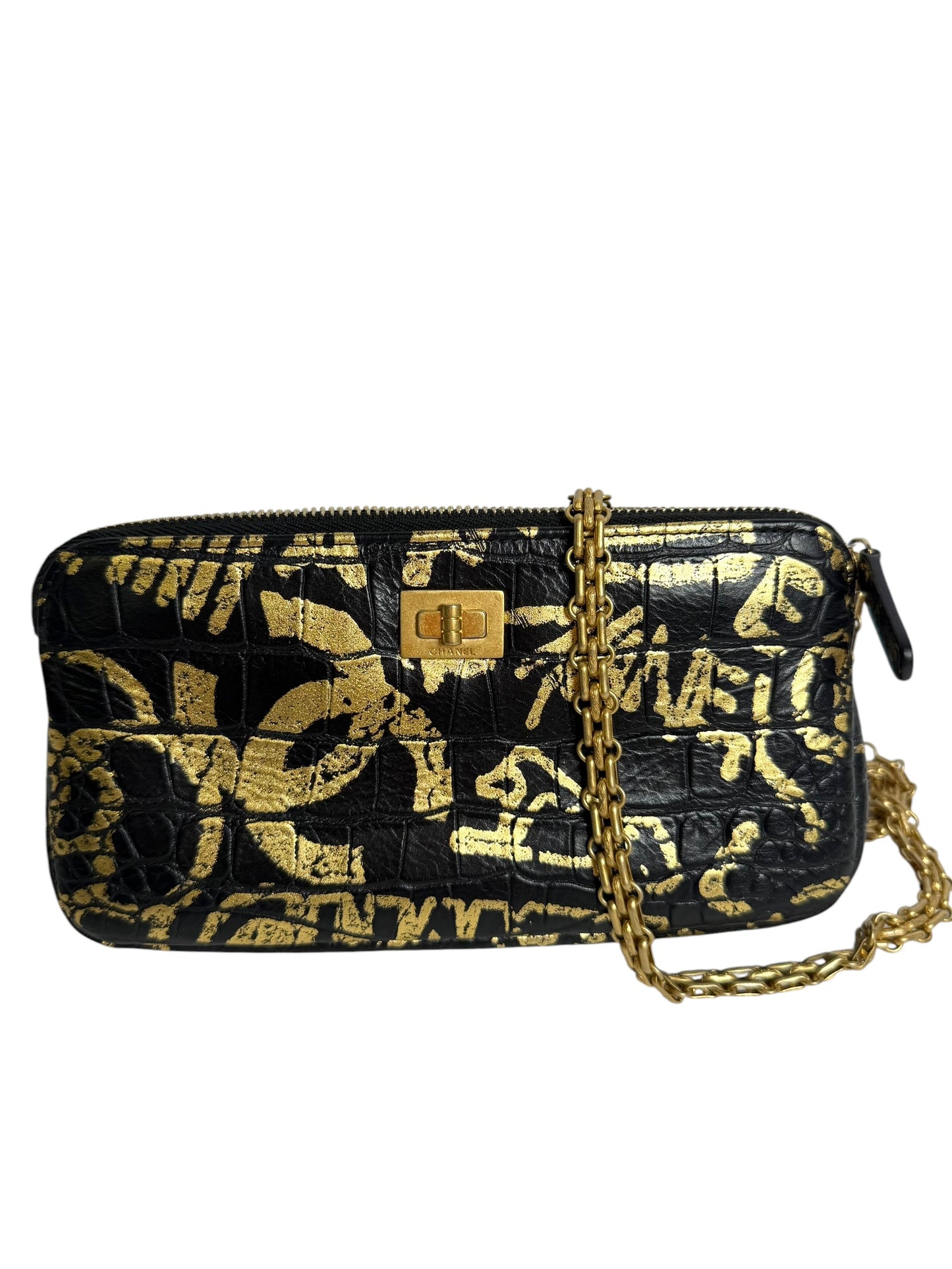 Chanel Calfskin Crocodile Embossed Graffiti Reissue Clutch With Chain T6427