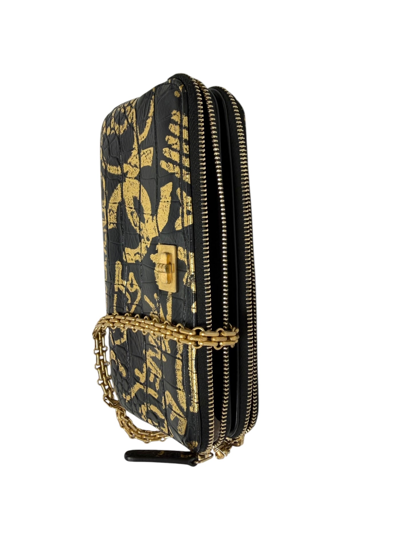Chanel Calfskin Crocodile Embossed Graffiti Reissue Clutch With Chain T6427