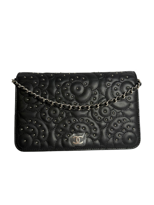 Chanel Black Studded Camellia Wallet On Chain T2289