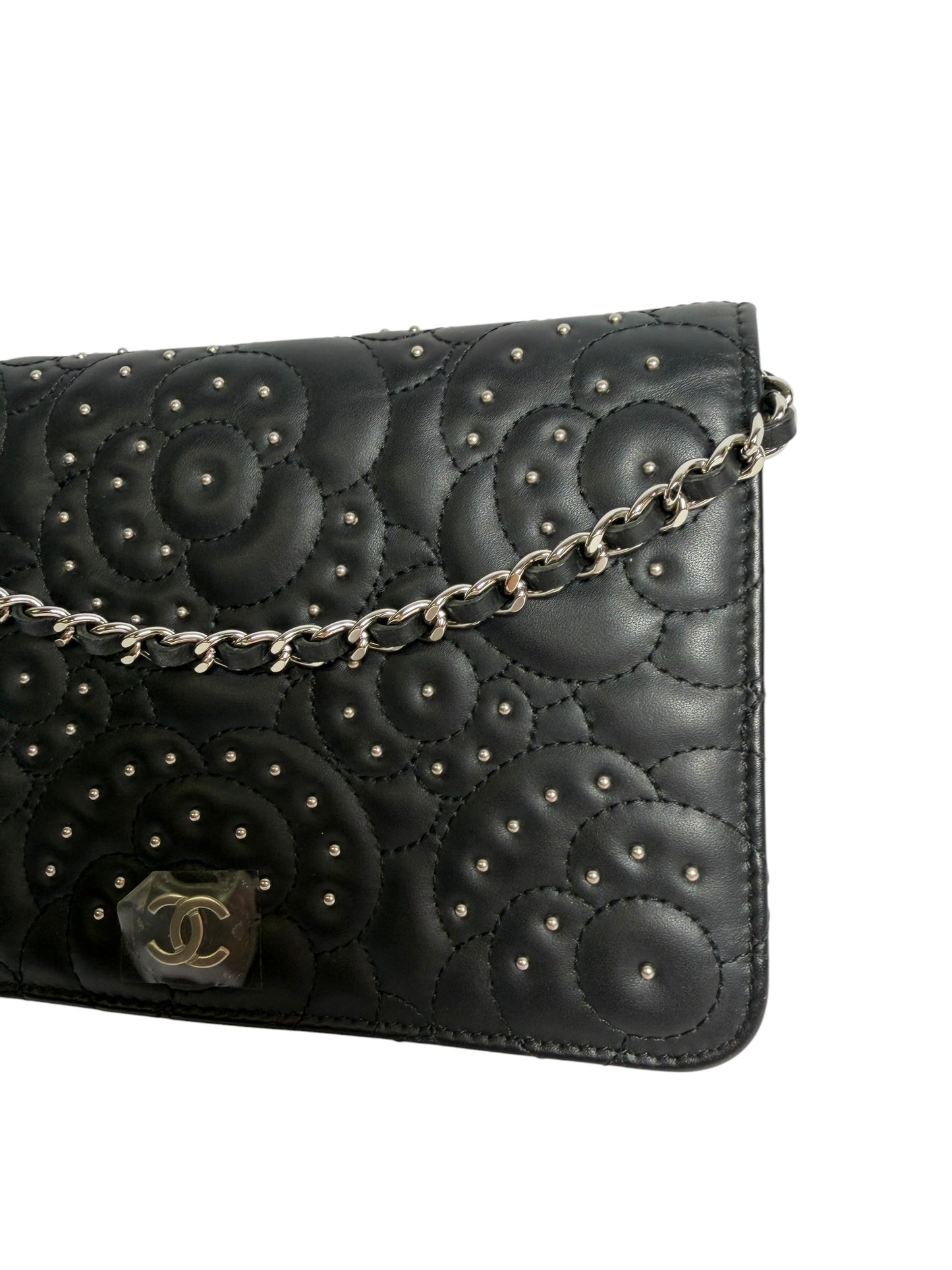 Chanel Black Studded Camellia Wallet On Chain T2289
