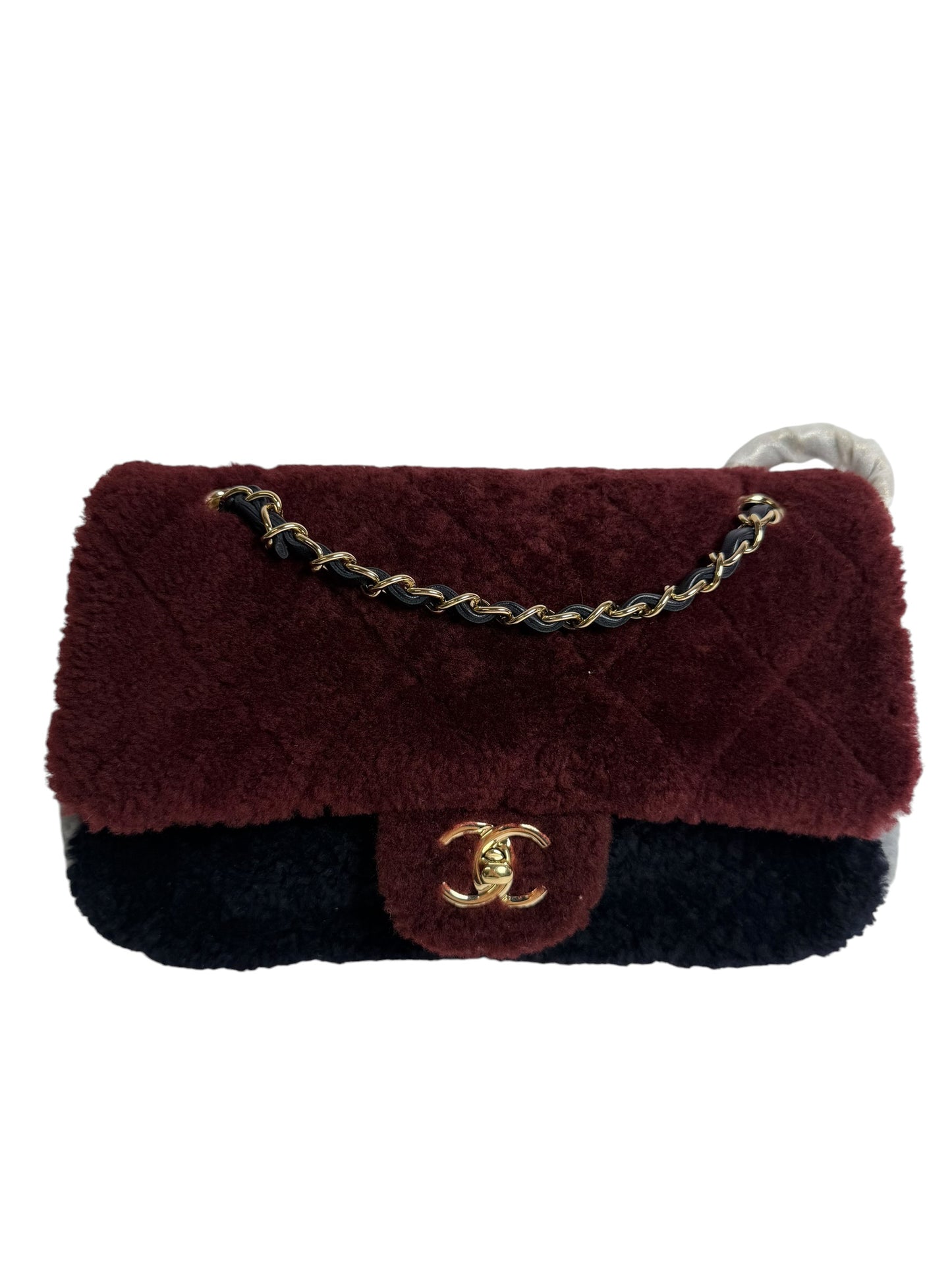 Chanel Shearling Single Flap Medium Tricolor Red T7533