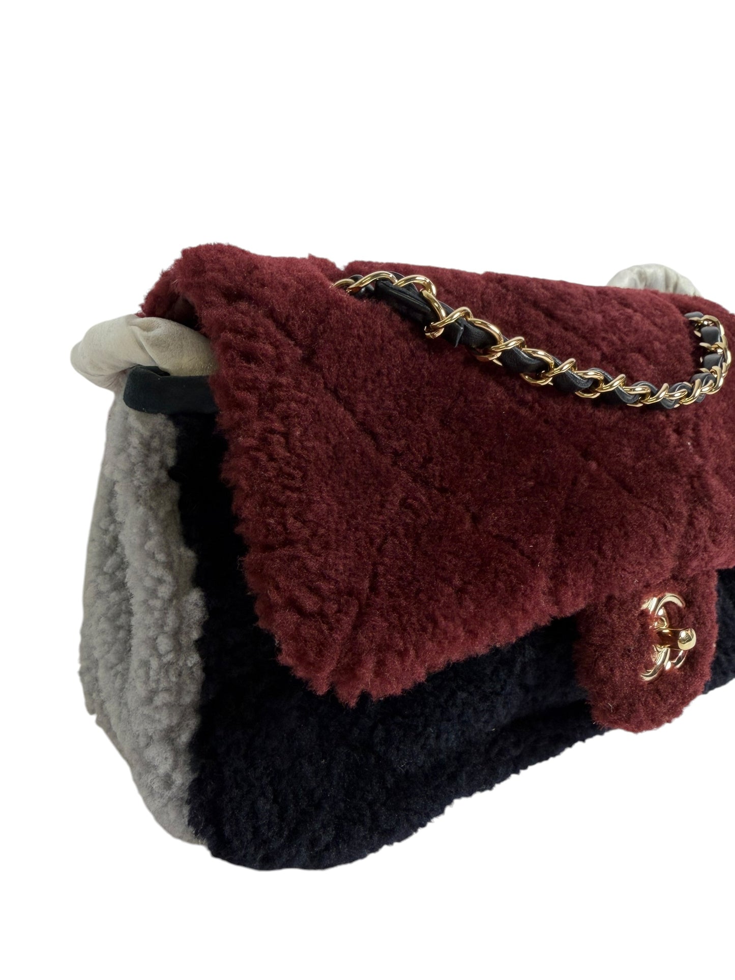 Chanel Shearling Single Flap Medium Tricolor Red T7533