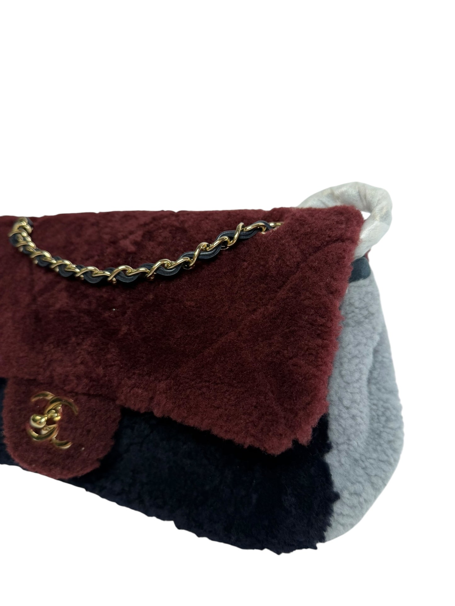 Chanel Shearling Single Flap Medium Tricolor Red T7533