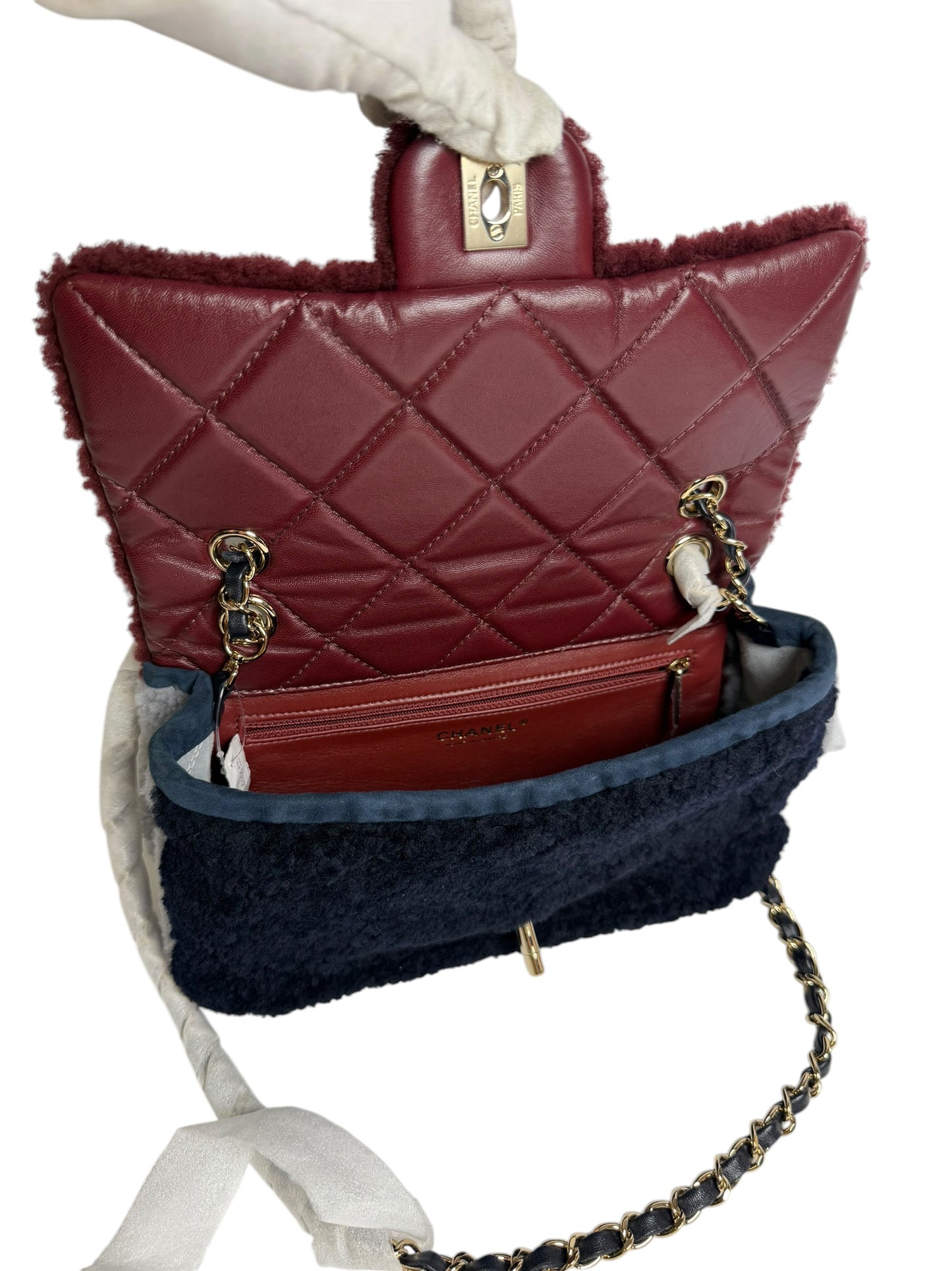Chanel Shearling Single Flap Medium Tricolor Red T7533