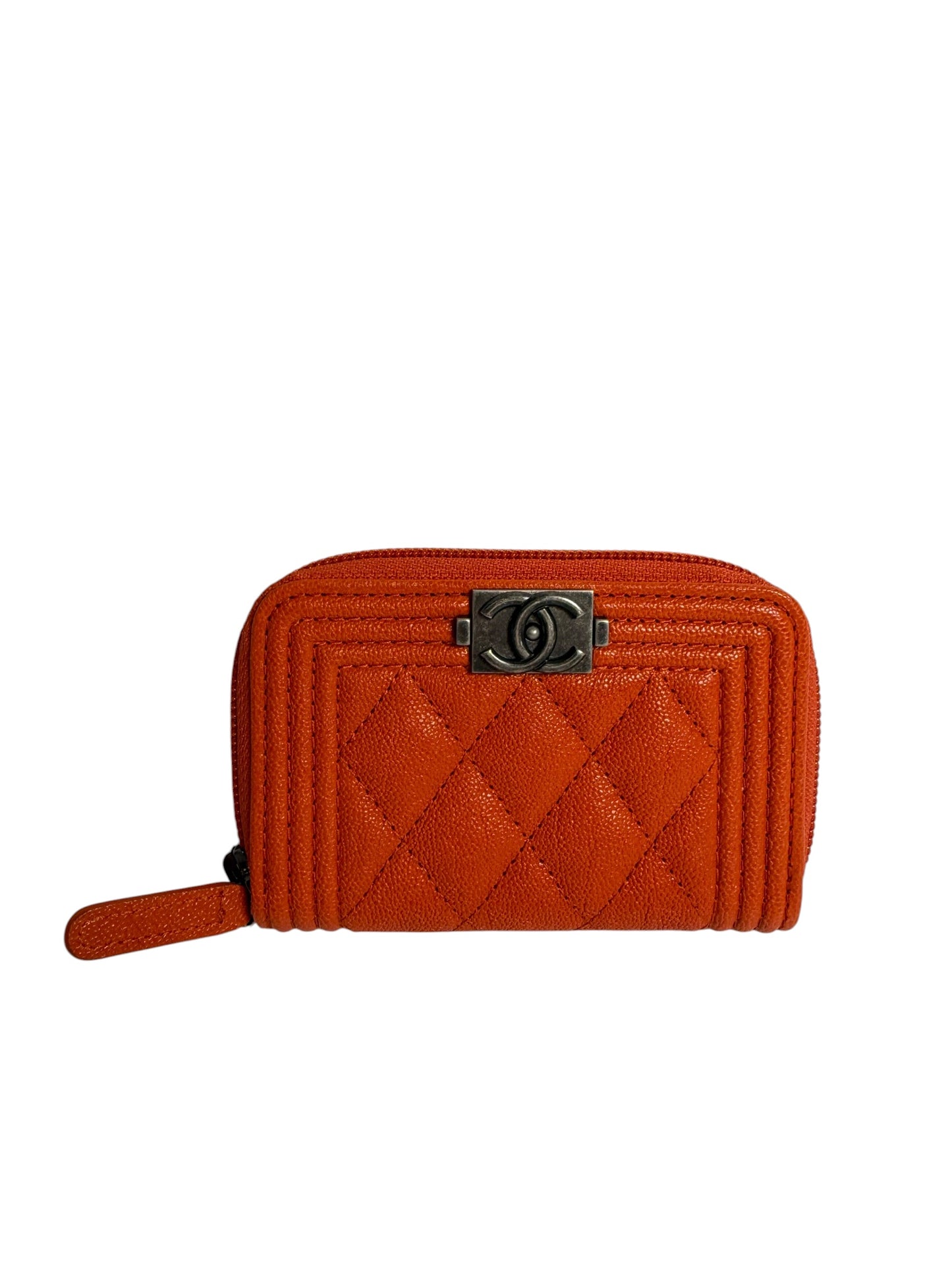 Chanel Orange Caviar Boy Zip Around Card Case T7381