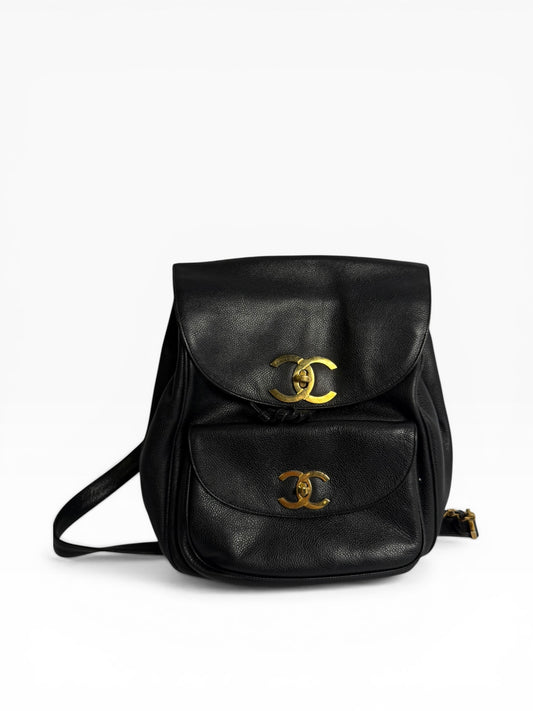 Chanel Vintage Double Pocket Backpack Black 24k GHW