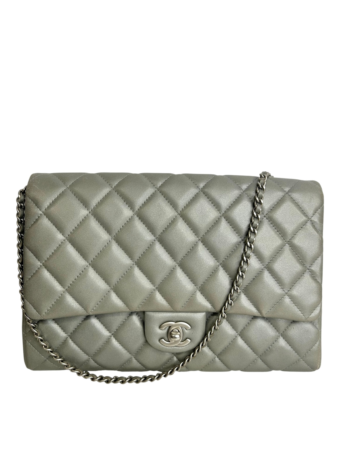 Chanel Silver Quilted Clutch On Chain T9217