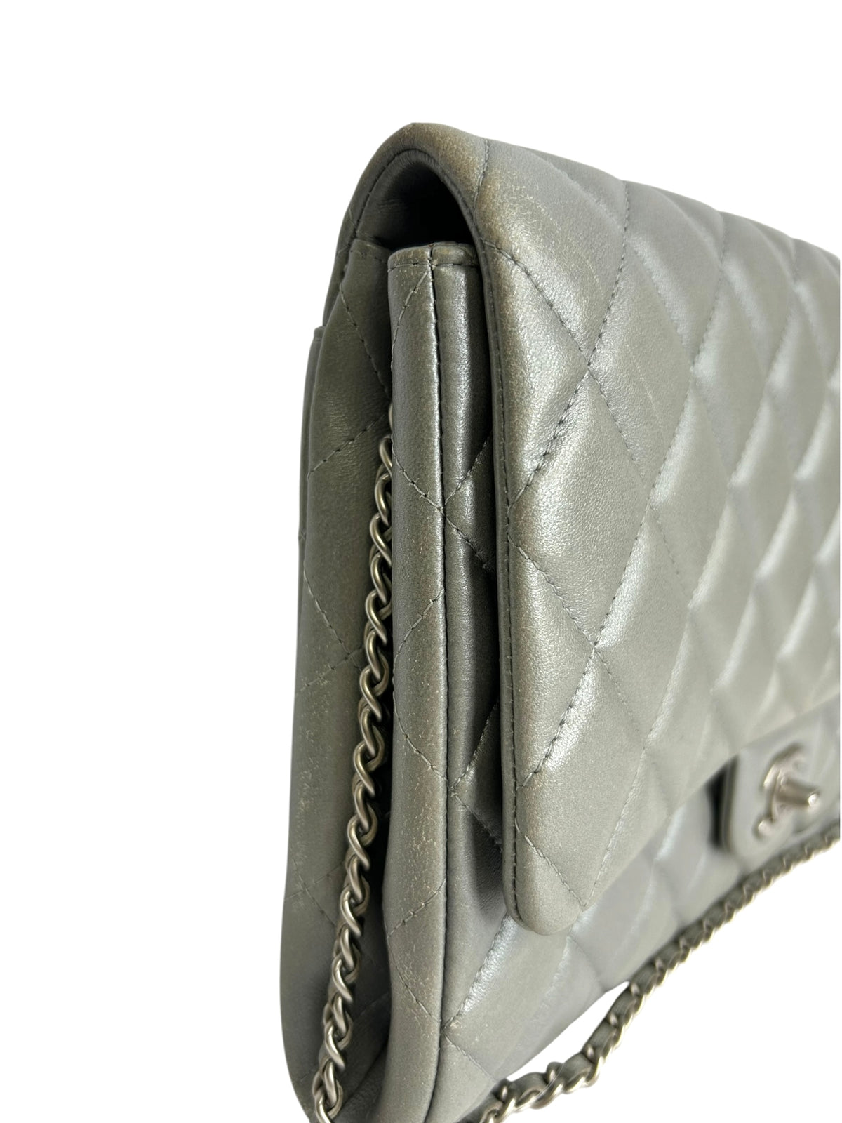 Chanel Silver Quilted Clutch On Chain T9217