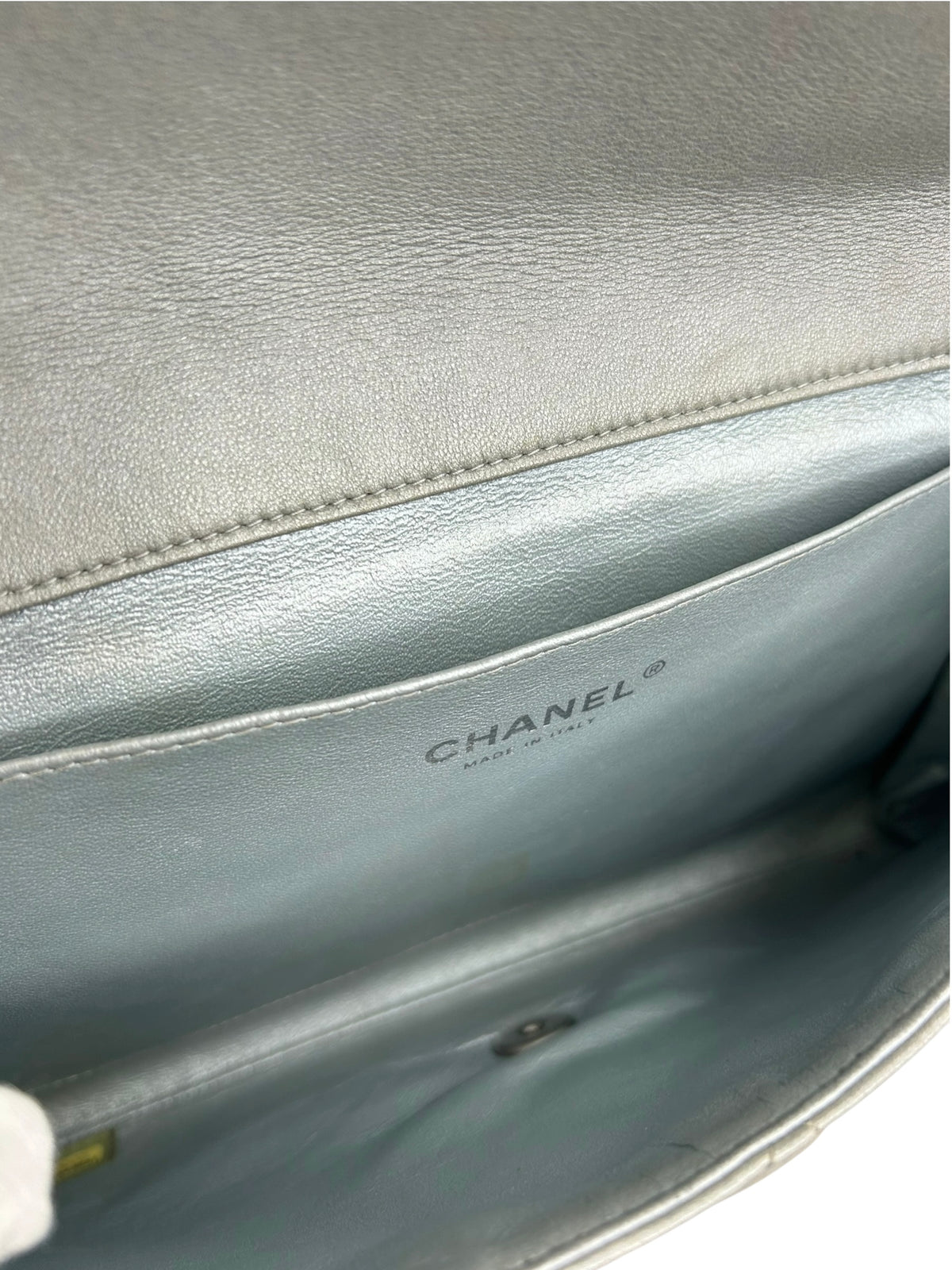 Chanel Silver Quilted Clutch On Chain T9217
