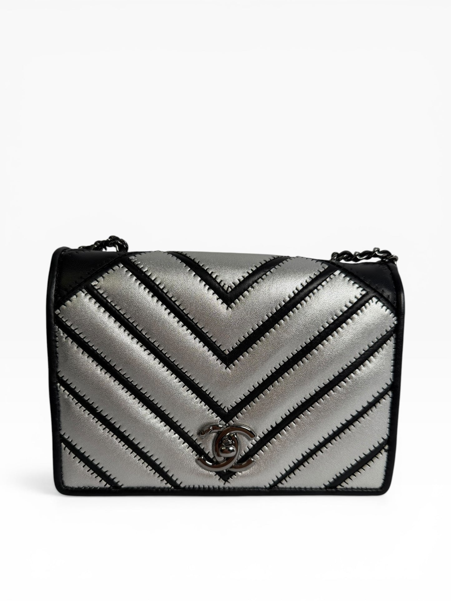 Chanel Chevron Silver Metallic Flap