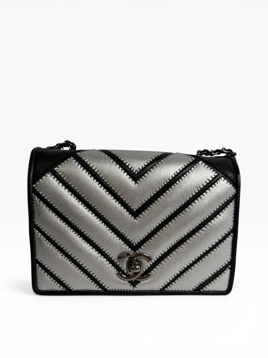 Chanel Chevron Silver Metallic Flap