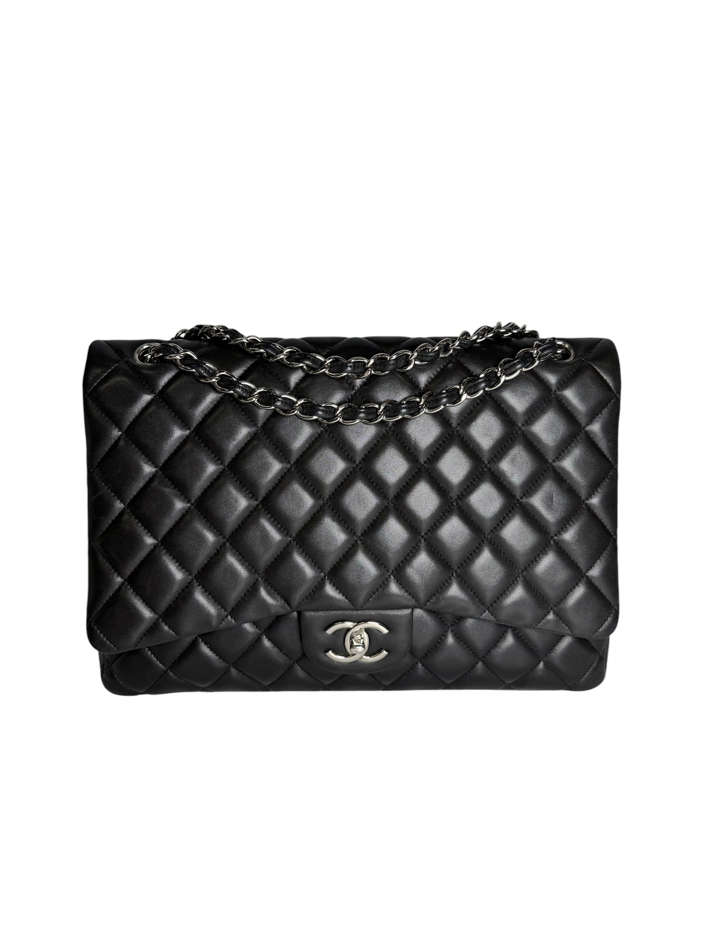 Chanel Black Lambskin Maxi Double Flap SHW T7733