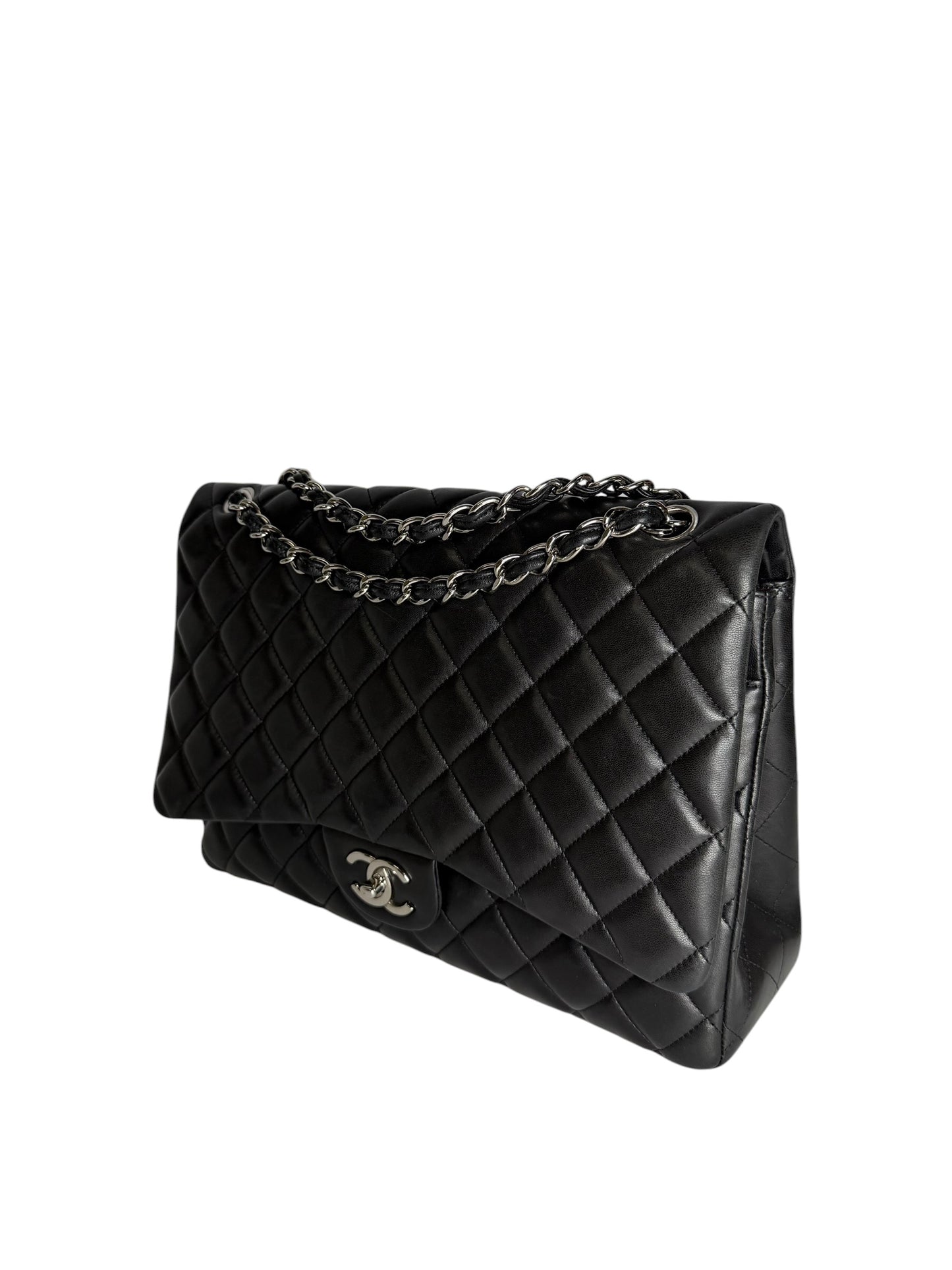 Chanel Black Lambskin Maxi Double Flap SHW T7733