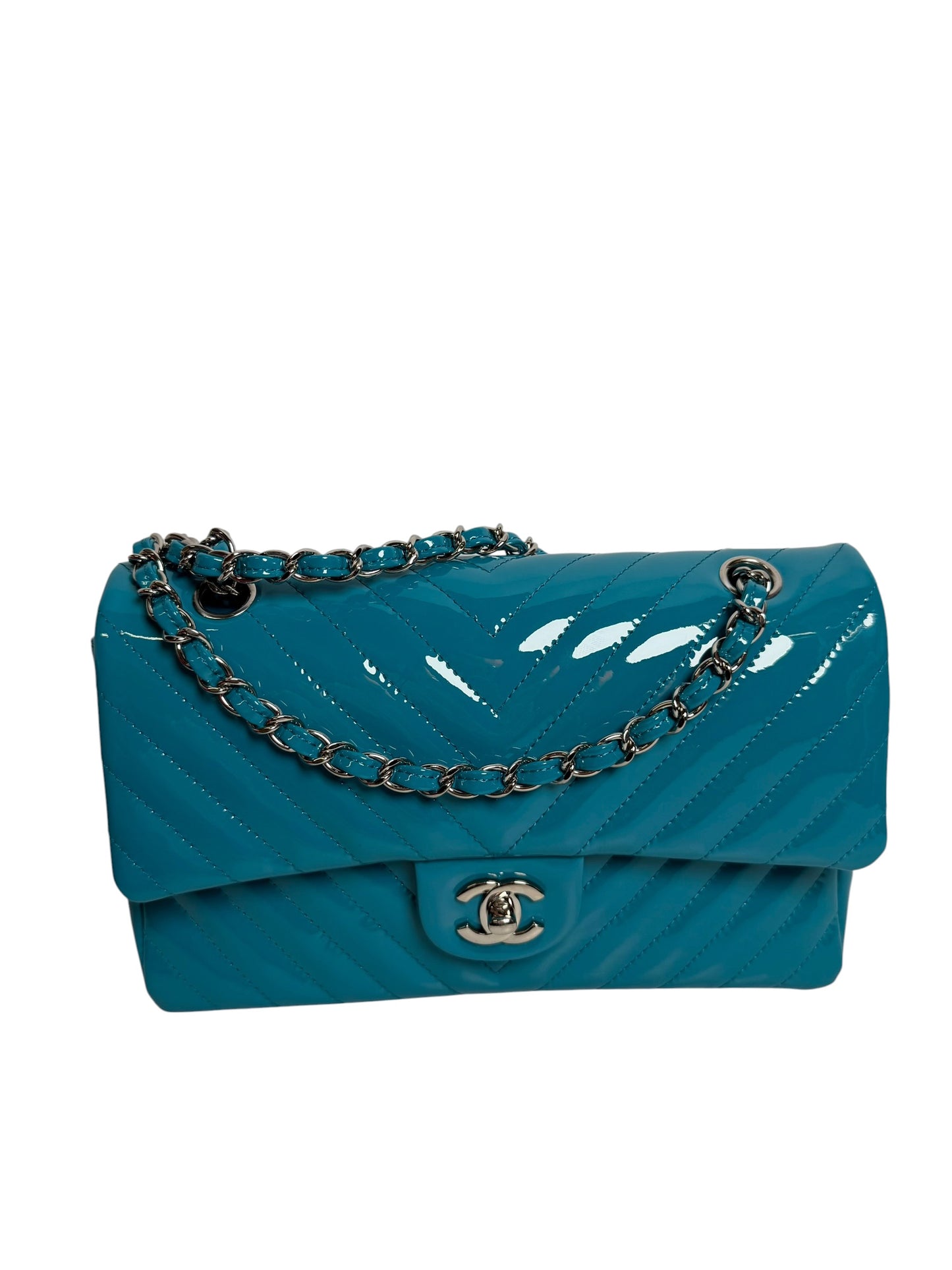 Chanel Patent Blue Chevron Classic Medium Double Flap T8311