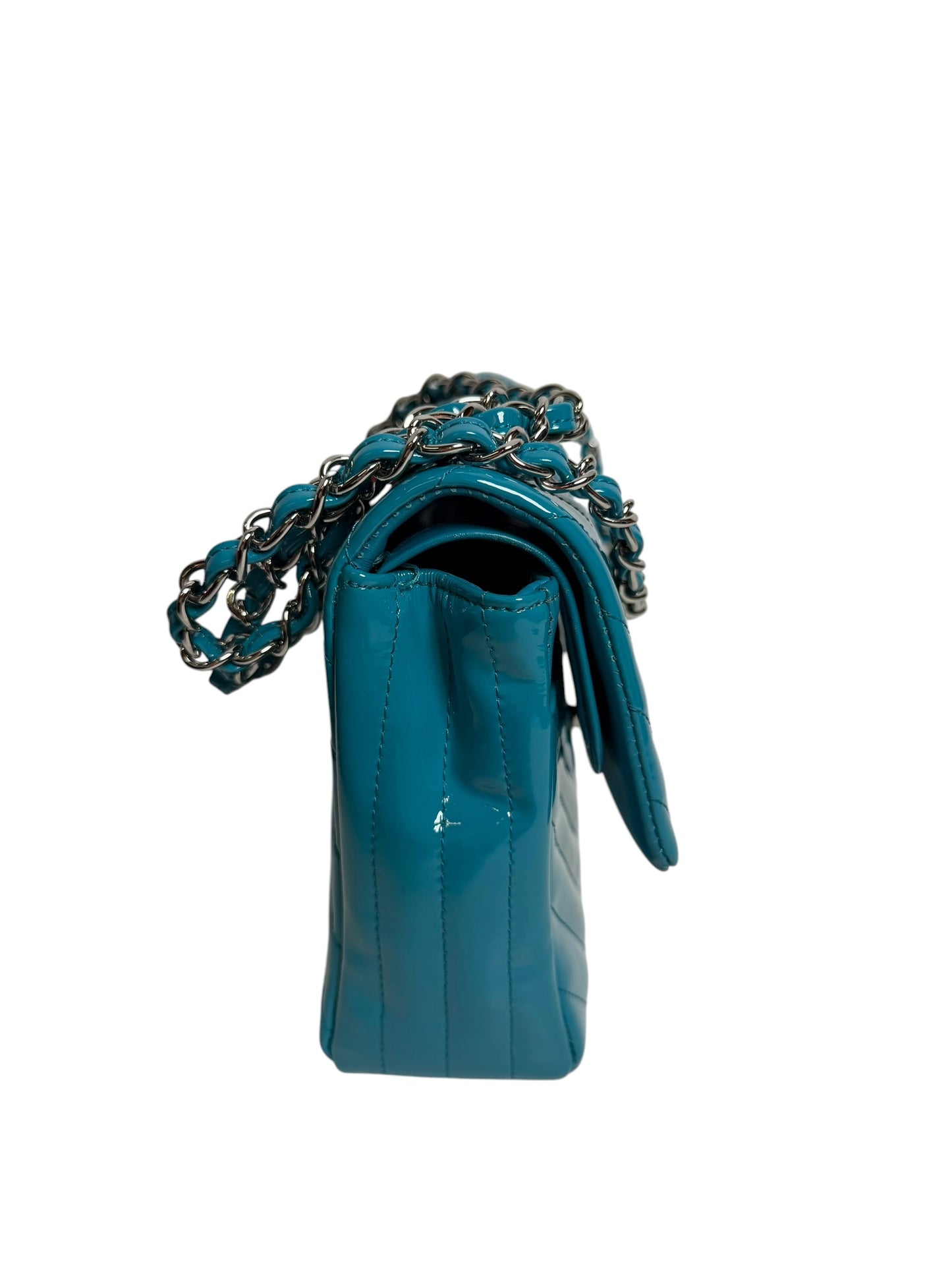 Chanel Patent Blue Chevron Classic Medium Double Flap T8311